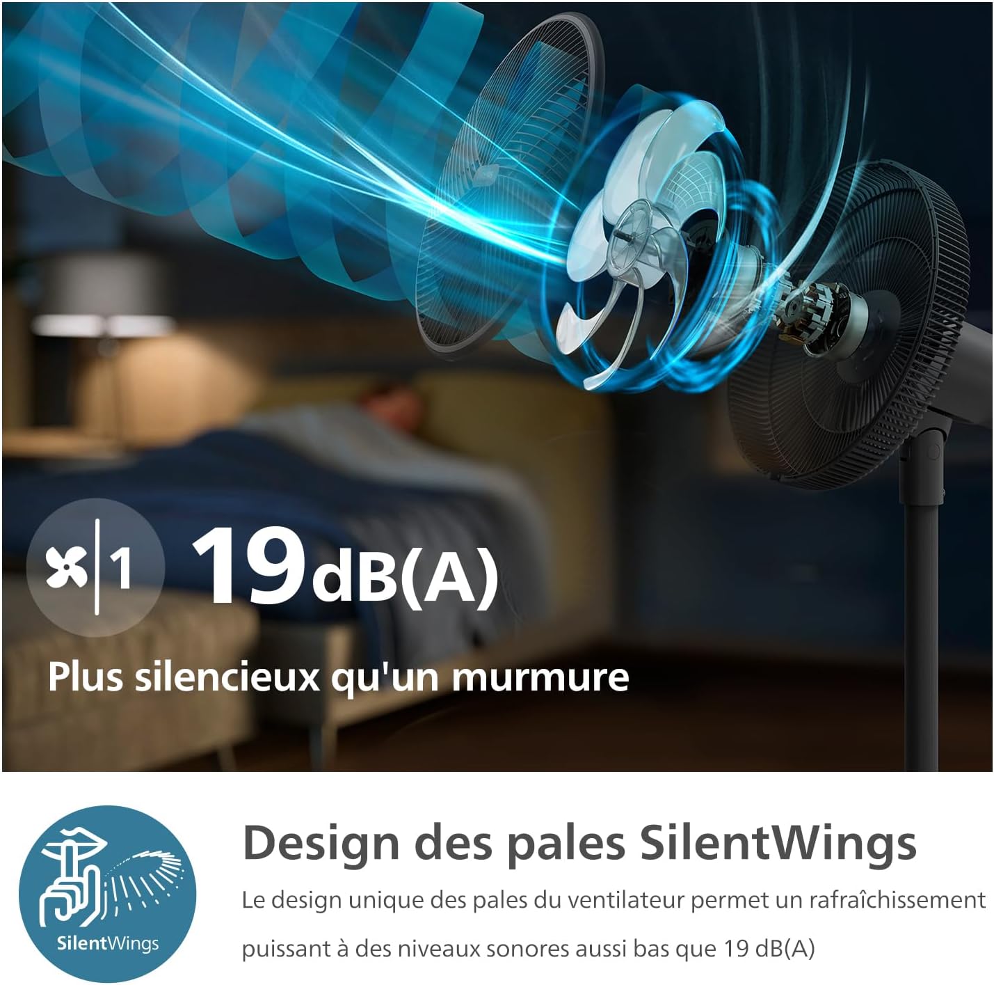 Philips Ventilateur sur pied Série 3000. Puissant et ultra-silencieux. Technologie SilentWings. 19 dB. Ventilateur de Table/sur Pied. Inclinable et Rotatif. Contrôle par App. Noir (CX3550/01)