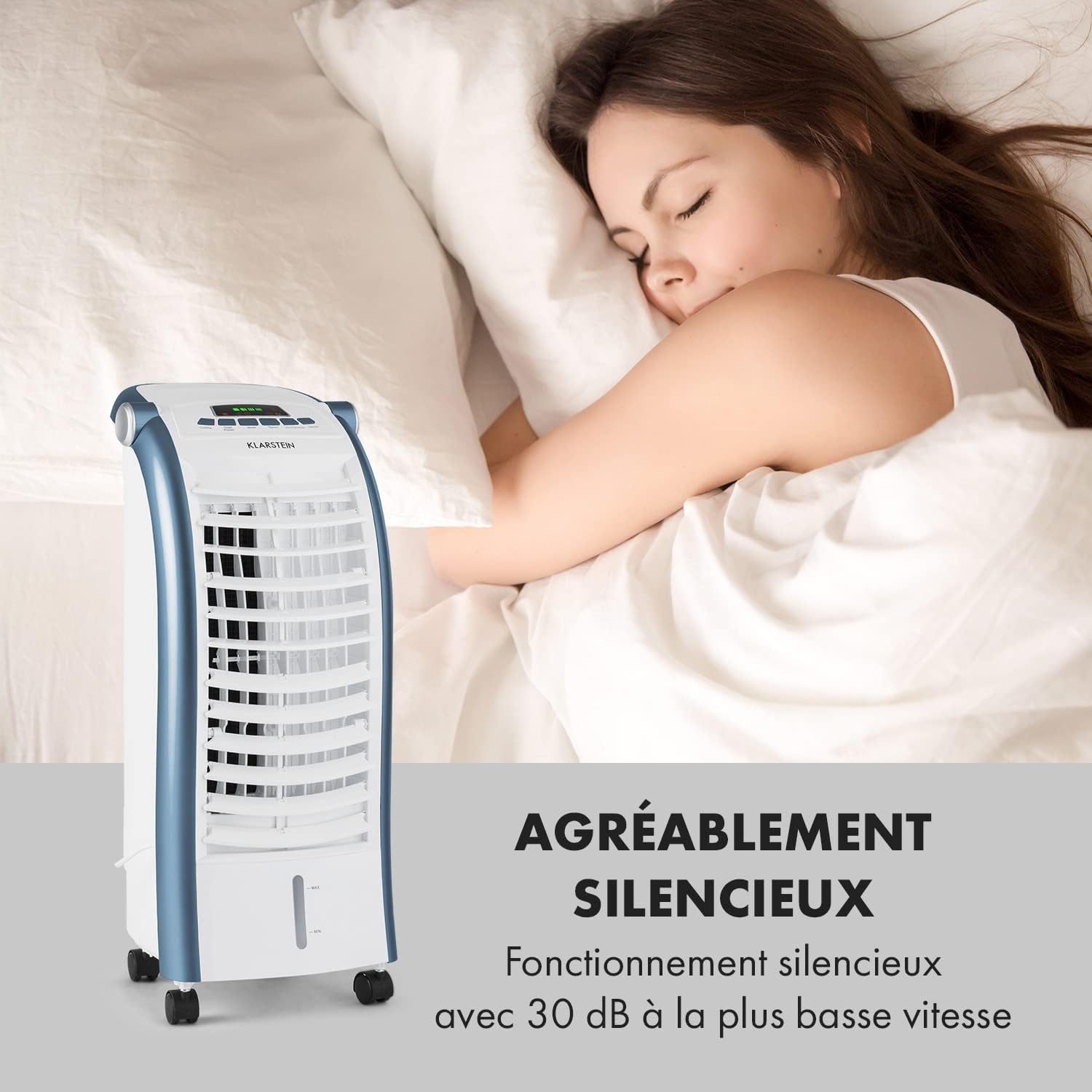Klarstein Rafraichisseur d'Air 4 en 1, Climatiseur Portable, Humidificateur, Ventilateur, Ioniseur, Climatiseur Mobile Sans Évacuation, Pack Glacons, Réservoir 6L, 65W, Puissant Débit d'Air 444m³/h