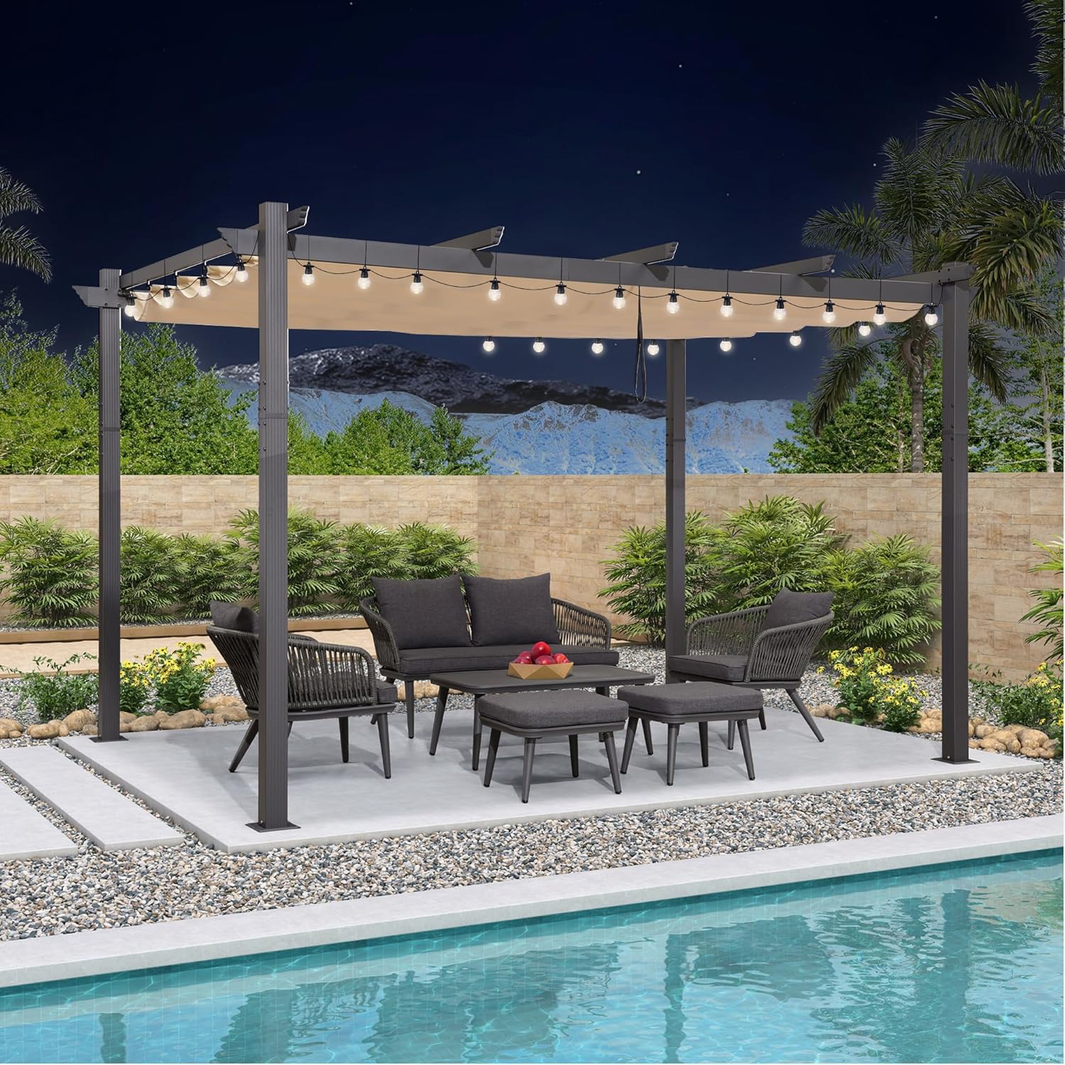 PURPLE LEAF - Pergola aluminium LED, toit rétractable, 4x3m, kaki