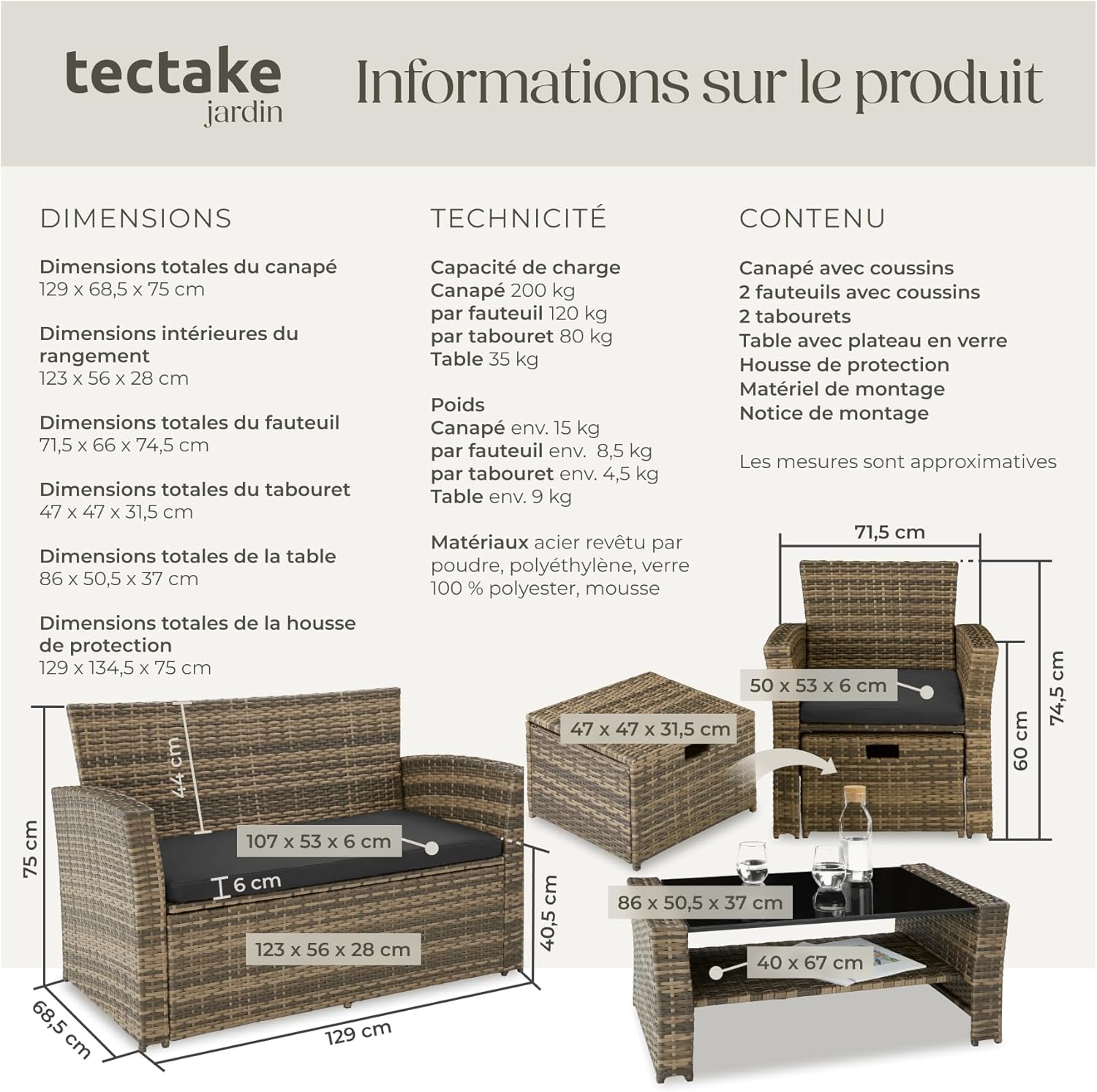 tectake - Ensemble salon de jardin 6 places - poly rotin, coussins épais, table basse, marron naturel