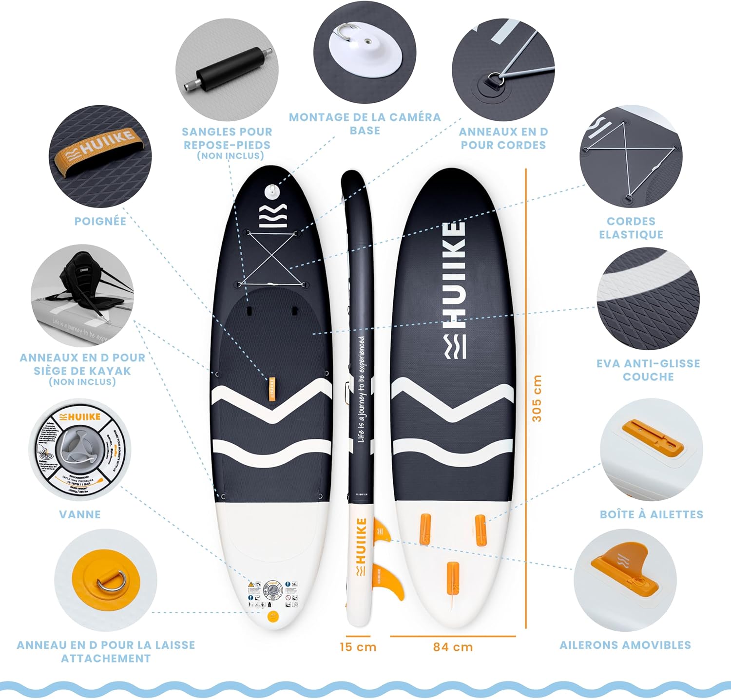 HUIIKE Paddle Gonflable Adulte avec Accessoires Inclus, Pagaie, Ailerons, Pompe. Planche de Stand Up Paddle Grande Stabilité et Résistance. 305 x 84 x 15 cm, Jusqu'à 130 kg