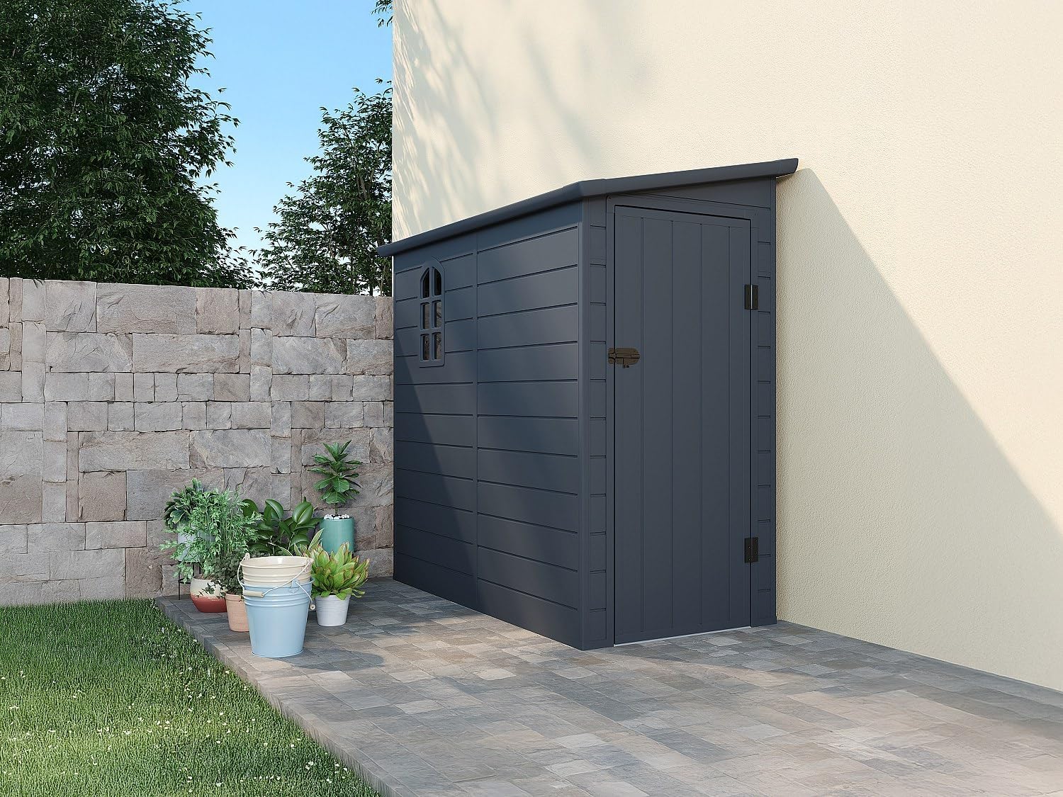 Vente-unique - Alberto - abri de jardin adossé 2,09m² résine gris anthracite