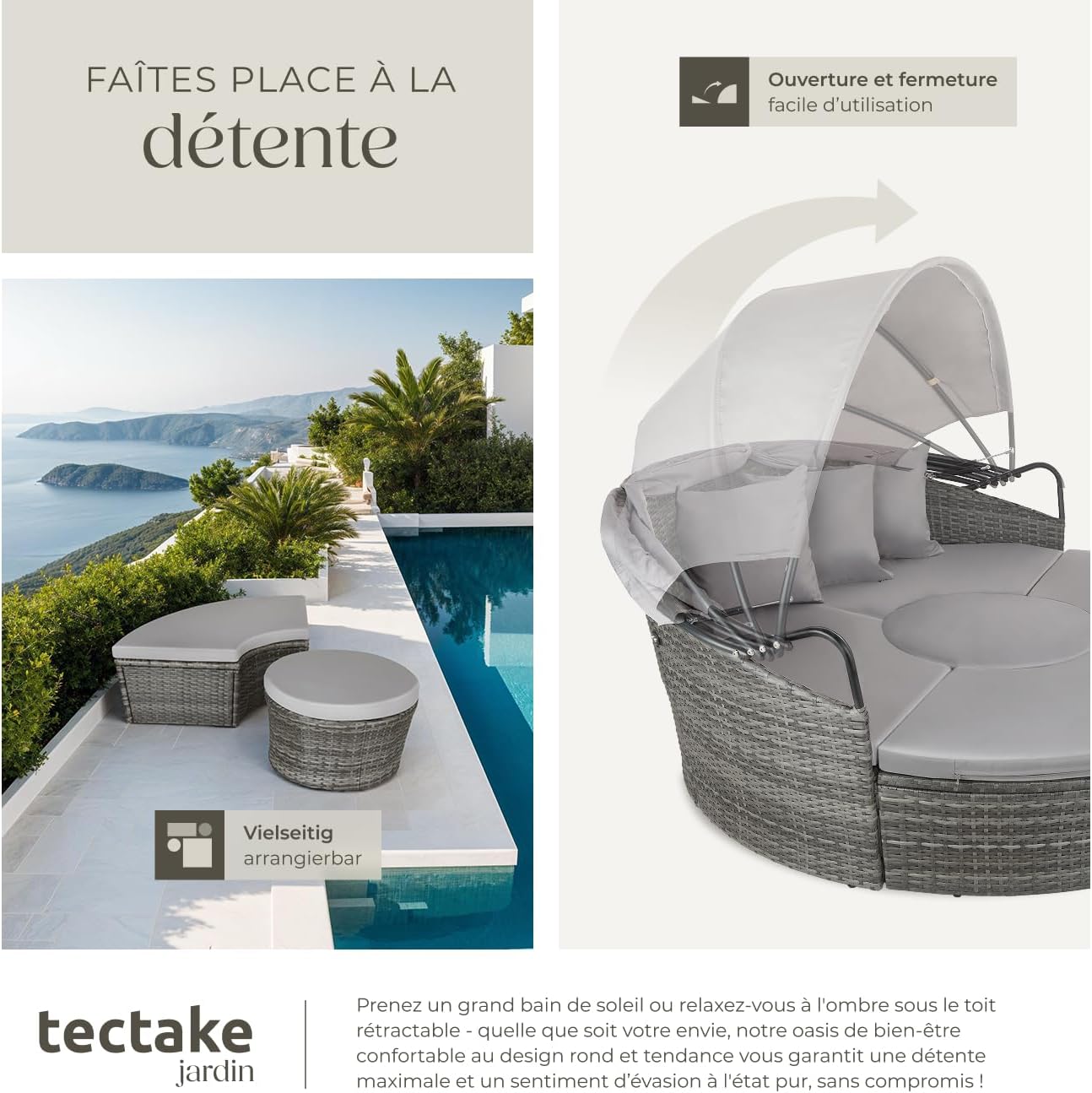 tectake - salon modulable résine tressée, pare-soleil, coussins, 200x70 cm