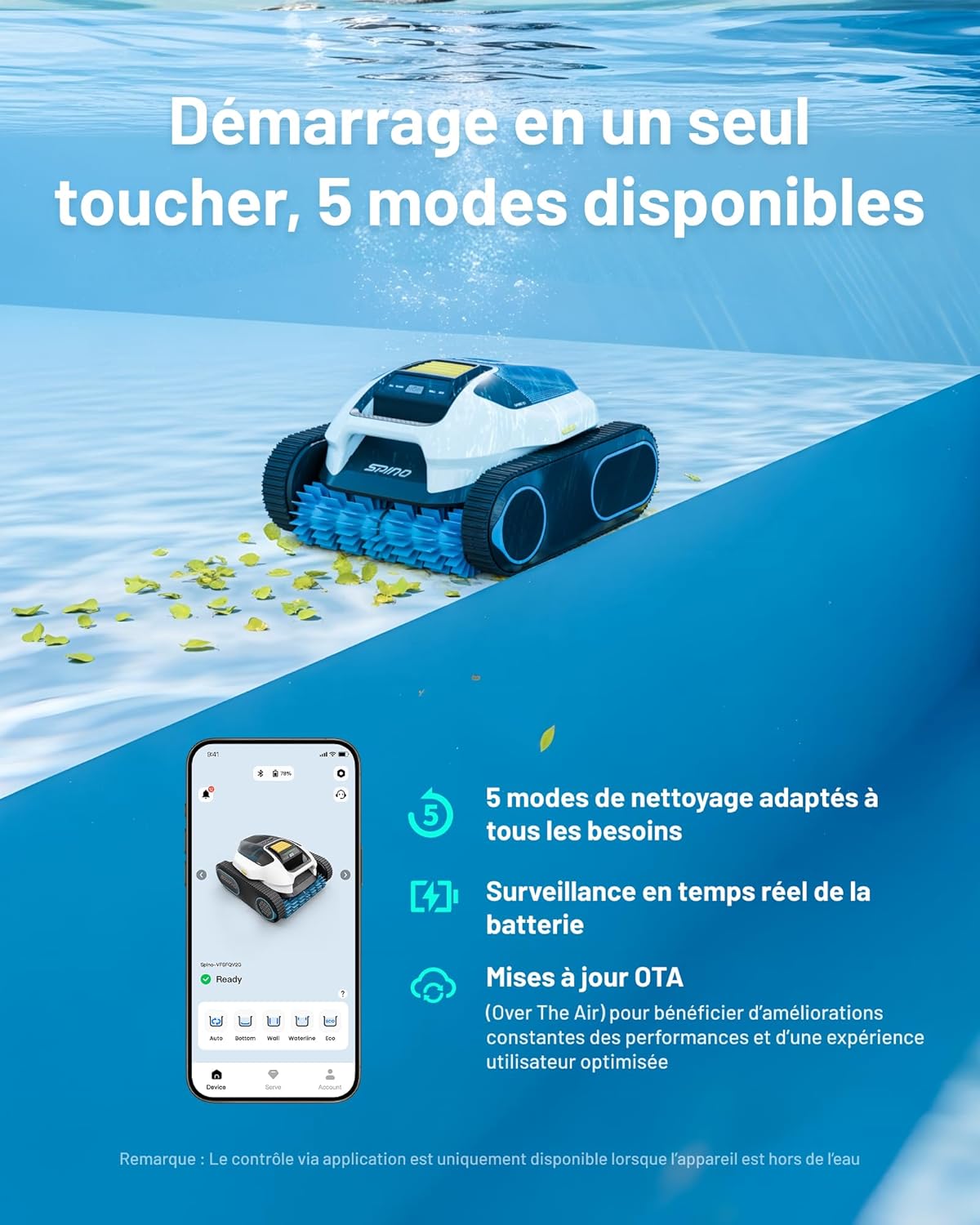 SPINO E1 Robot Piscine Fond et Parois, Ligne d'eau, Autonomie de 210 Min, Aspiration Puissante 21950 LPH Max, 5 Modes, Navigation Trajet SmartArc, App, Piscines 150㎡, 1 Panier Filtrant Inclus