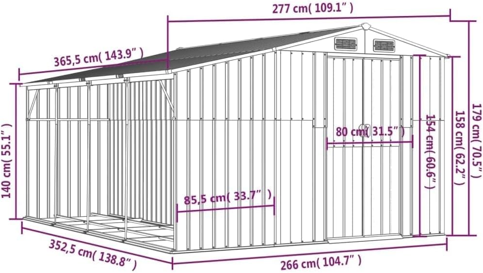 vidaXL - Abri de jardin toit incliné - 277x365,5x179 cm - acier galva, poignées