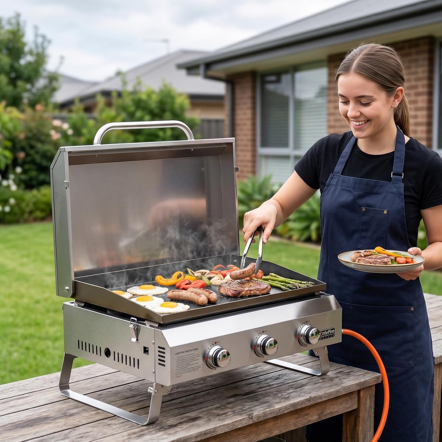 onlyfire - Plancha gaz inox - 57x36cm - 3 brûleurs, 7kW, céramique, pieds pliables