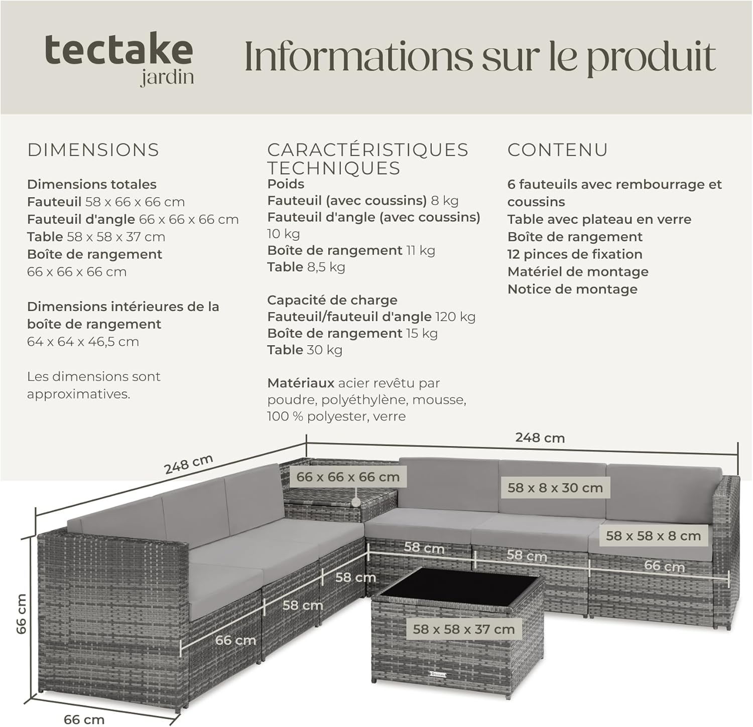Salon de Jardin TecTake - Rotin 6 places - Résine tressée, modulable, coffres, s'étend sur balcon ou terrasse, gris - EX