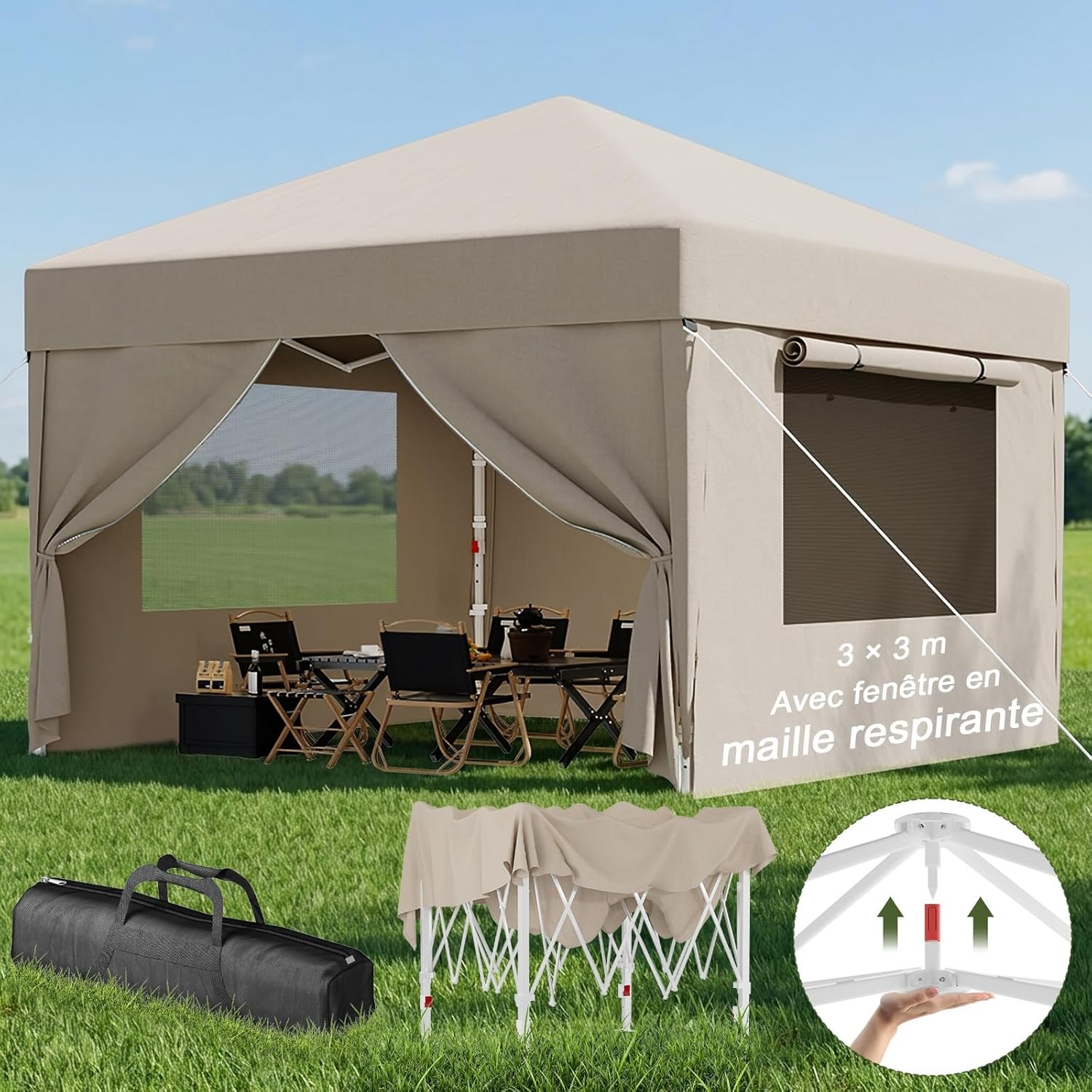 Devoko - Tonnelle Pliante - 3x3m - Fenêtre moustiquaire, UV 50+, Impermeable
