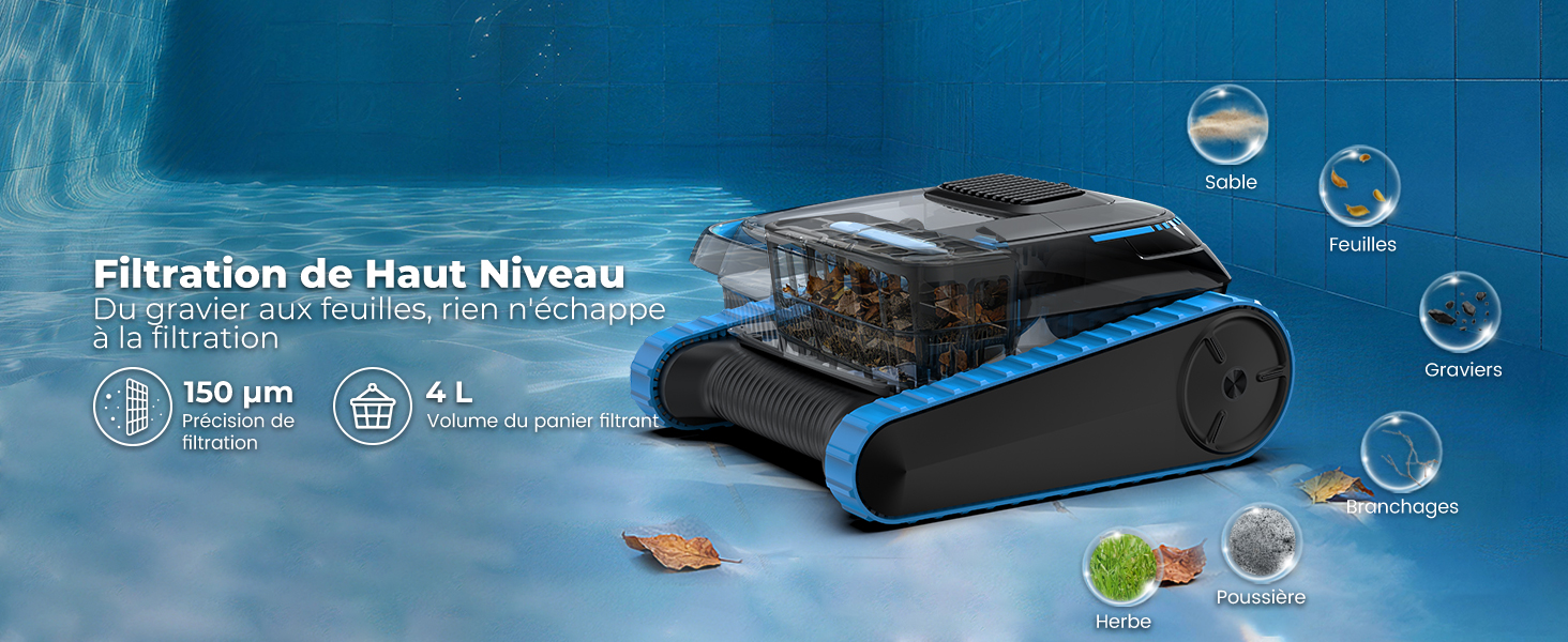 Le texte indique « Filtration de Haut Niveau ». Le produit montre un robot nettoyeur de piscine bleu avec des bandes de roulement en forme de réservoir et des icônes de spécifications techniques indiquant les caractéristiques et les capacités.
