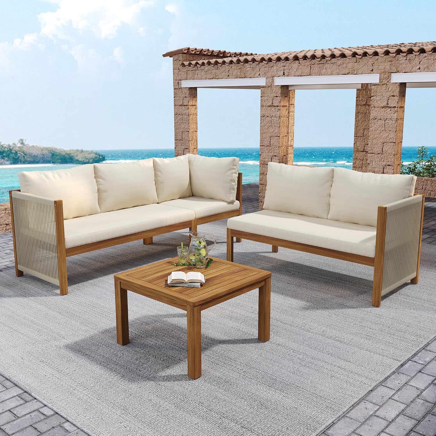 Sapgaks - salon de jardin acacia, corde, beige, canapé d'angle, table