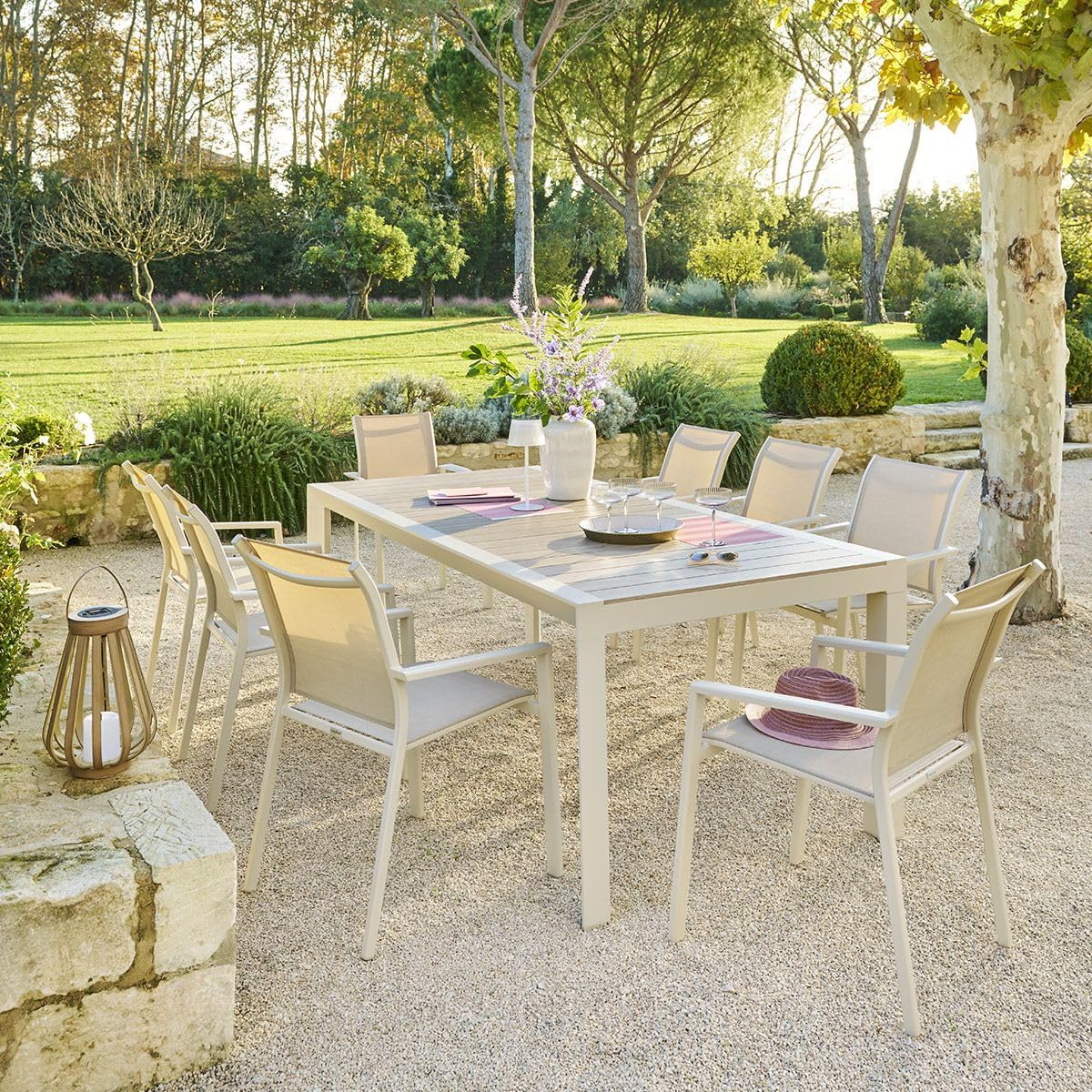 Hespéride - Table de jardin Évasion 8 places - aluminium, effet bois, lin et argile