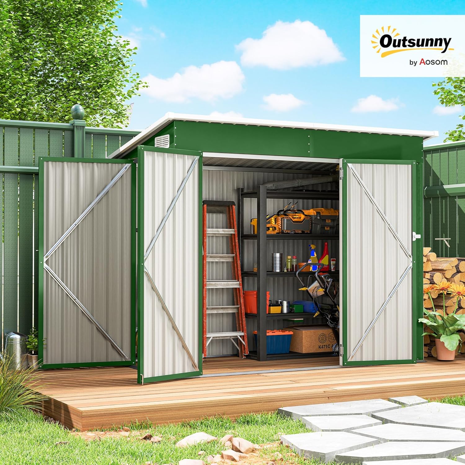 Outsunny - Abri de jardin métal - 234x132x185 cm - Triple porte, toit incliné, serrure, ventilation