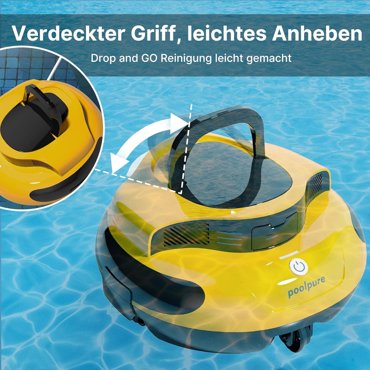 POOLPURE Robot de Piscine 2026 - Temps de Nettoyage de 100 Minutes - Double Moteur - Voyants LED - Fonction de stationnement Automatique - Étanchéité IPX8 - Aspirateur de Piscine sans Fil - Jaune