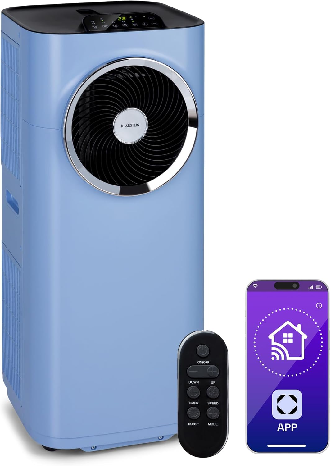 Klarstein Kraftwerk Smart 12K Climatiseur Mobile - 12,000 BTU, 35-59 m², WiFi & App Control, Silencieux 50 dB, Déshumidificateur, Ventilation 3 Niveaux, Minuterie 24h, R290, Tuyau Inclus, Bleu moyen
