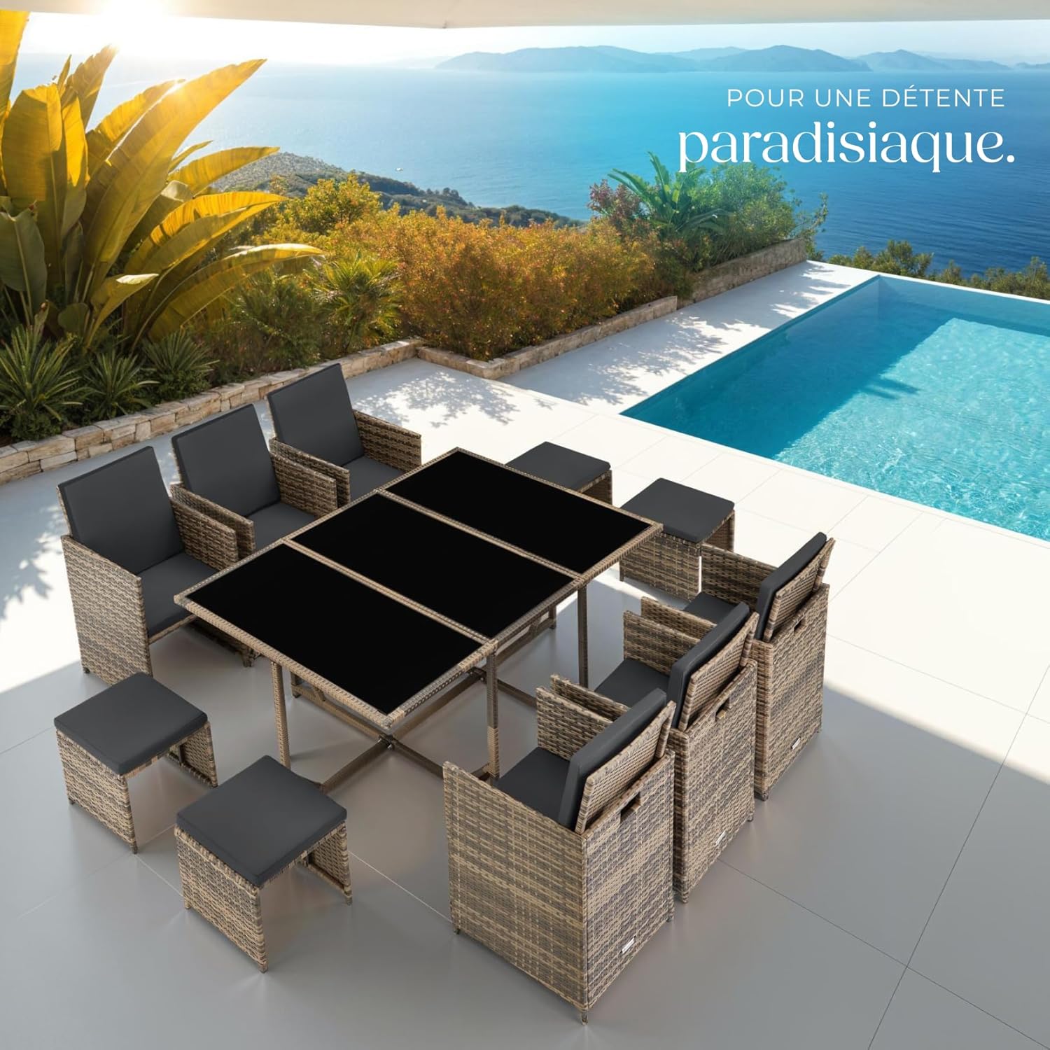 tectake - salon de jardin poly rotin 10 pers., housse, entretien facile