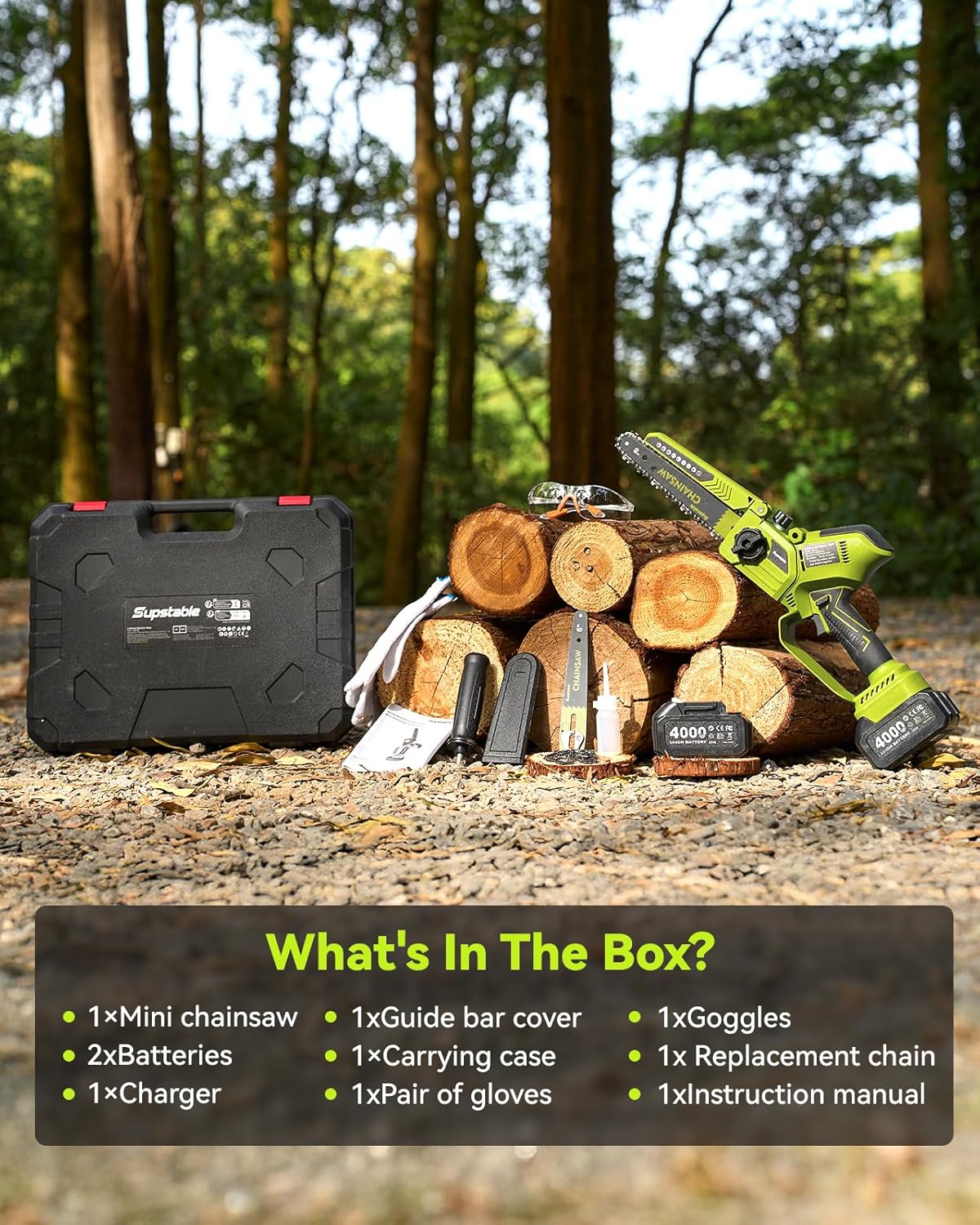 Supstable Mini Tronconneuse à Batterie 8000mAh, 8 et 6 Pouces Mini Tronçonneuse Électrique Sans Fil pour Branches et Jardin, 1300W Elagueuse, Système D'huile Automatique, Tension de Chaîne Sans Outil