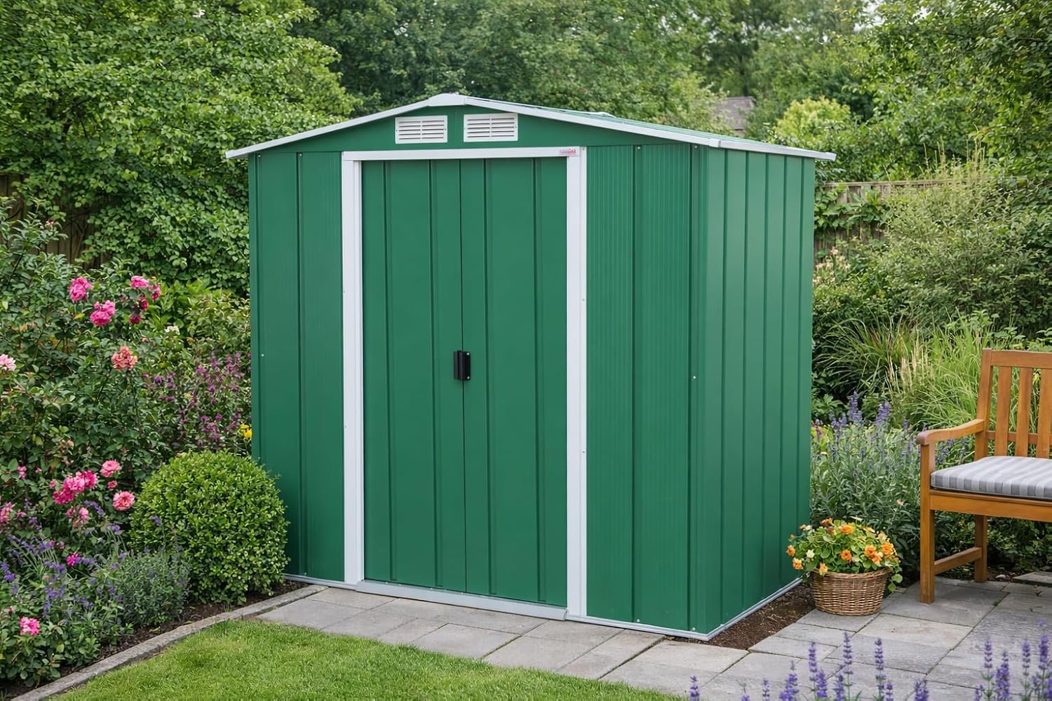 Duramax ECO 6 x 4 (2.17 m²) Abri de Jardin en Métal Galvanisé à Chaud, Abri de Stockage d'Outils, Structure de Toit Renforcée, Abri en Métal Sans Entretien, Vert