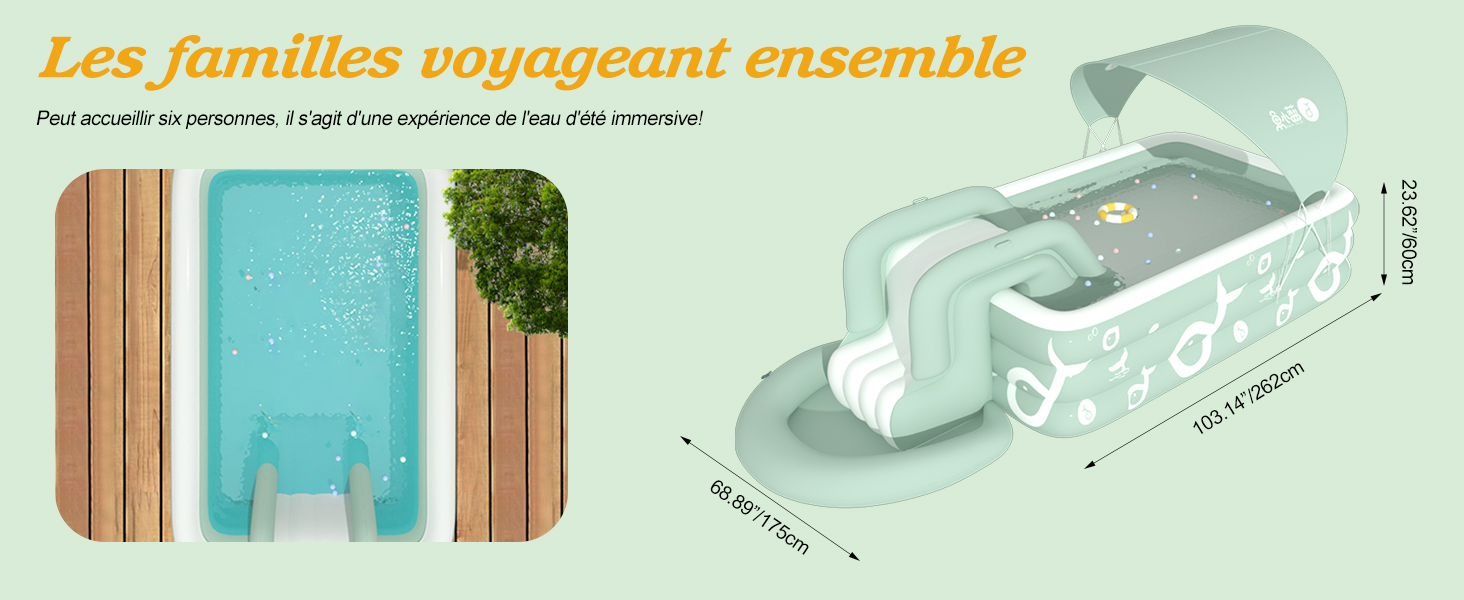Image composite montrant une piscine rectangulaire avec une terrasse en bois et une baignoire portable pour bébé avec auvent. La baignoire a des dimensions et des caractéristiques étiquetées en français.