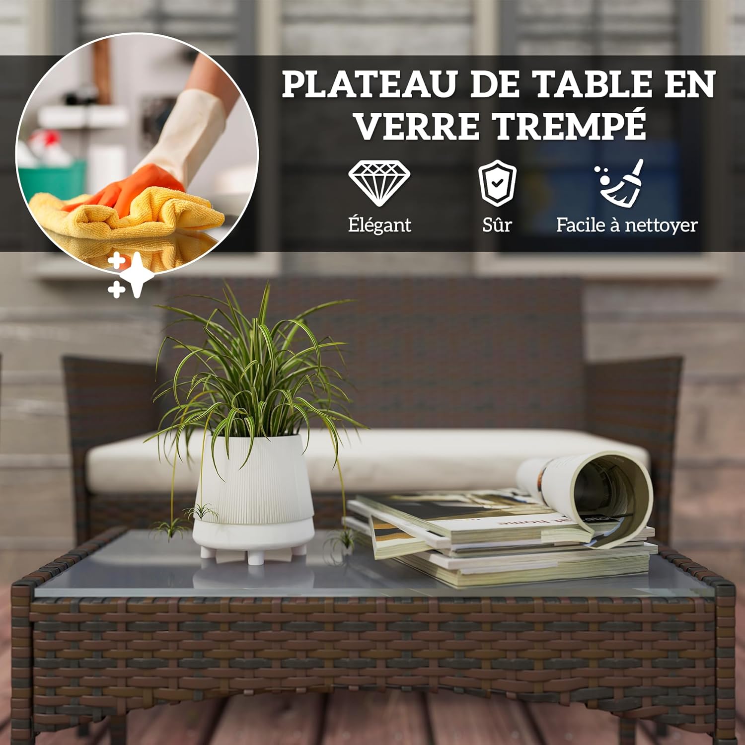Outsunny - Salon jardin 4 personnes - canapés, table verre, coussins déhoussables, résine tressée, beige