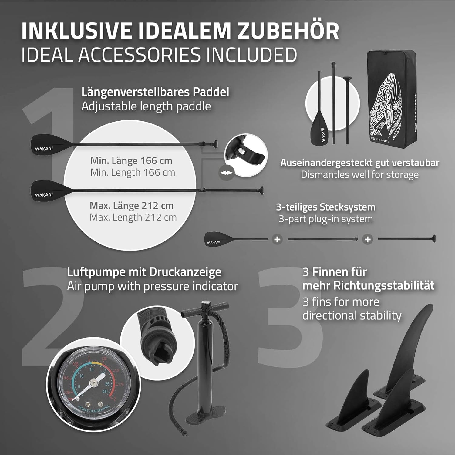 ECD Germany - Stand Up Paddle Board - 305/308/320/380 cm - PVC, 120/150 kg, 10/15 cm d'épaisseur