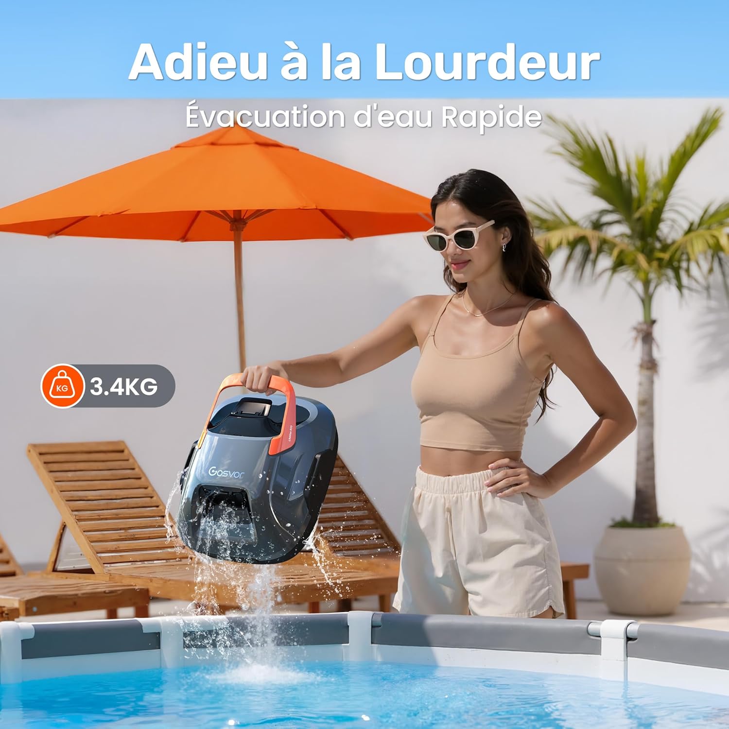 Gosvor - Robot piscine sans fil - 80m² - 90 min autonomie, retour auto