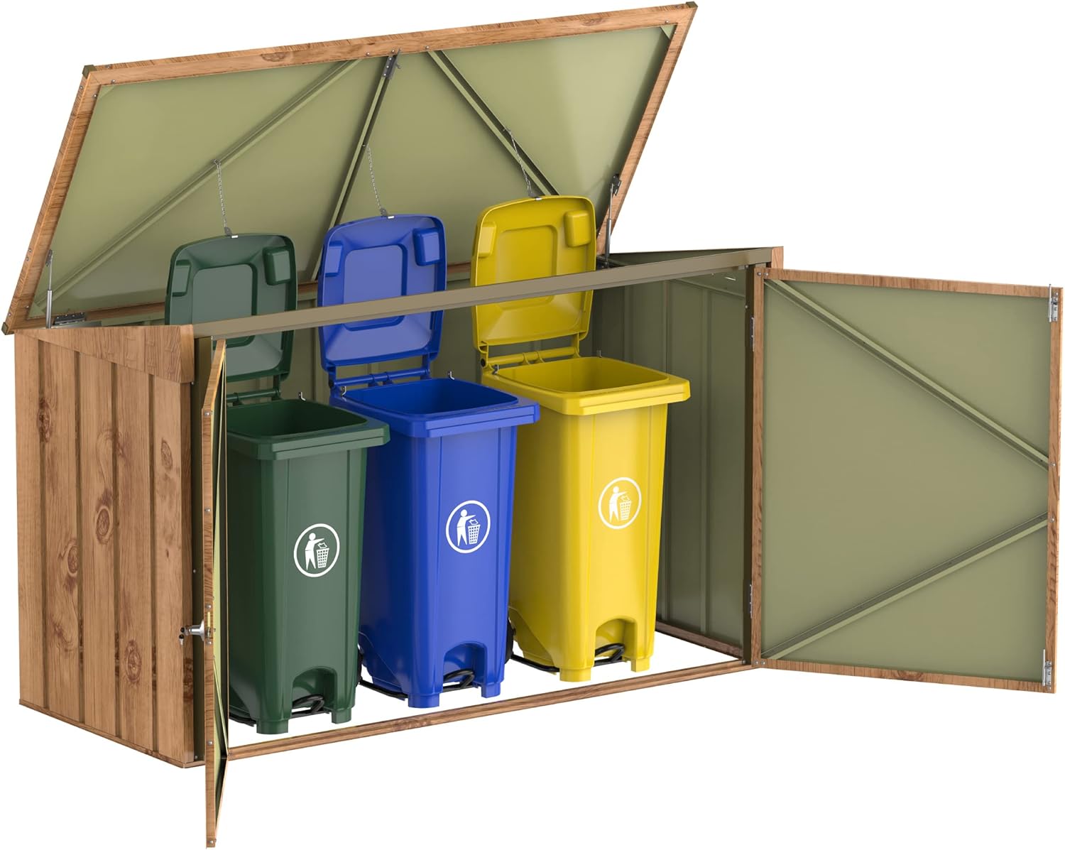 Duramax abri pour poubelles pour 3 avec ouverture par le haut et portes doubles verrouillables, abri de jardin en métal, cachettes pour poubelles, Abri pour poubelles, 214x101x133 cm, grain de bois