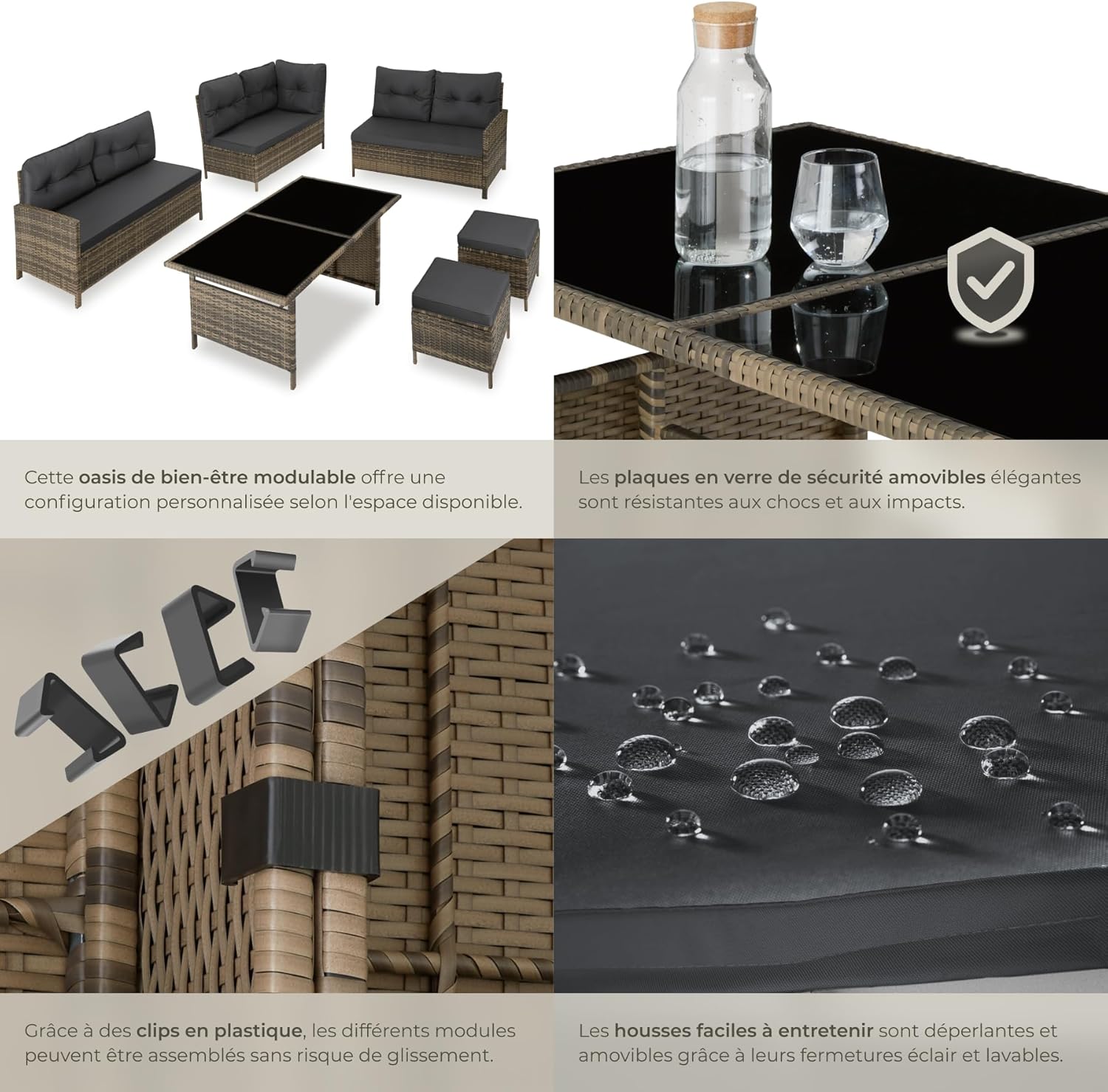 tectake - Salon de Jardin Modulable Angle - rotin - coussins inclus