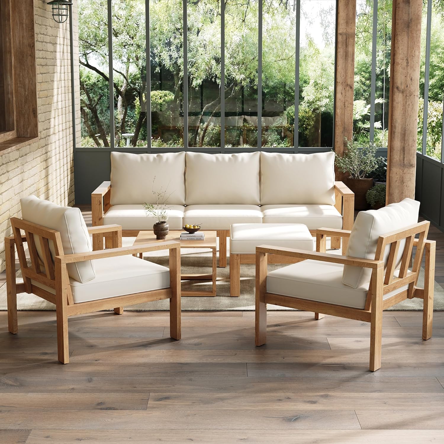 Sapgaks - salon de jardin extérieur, 6/8 pers., acacia naturel, table basse, chaises, crème