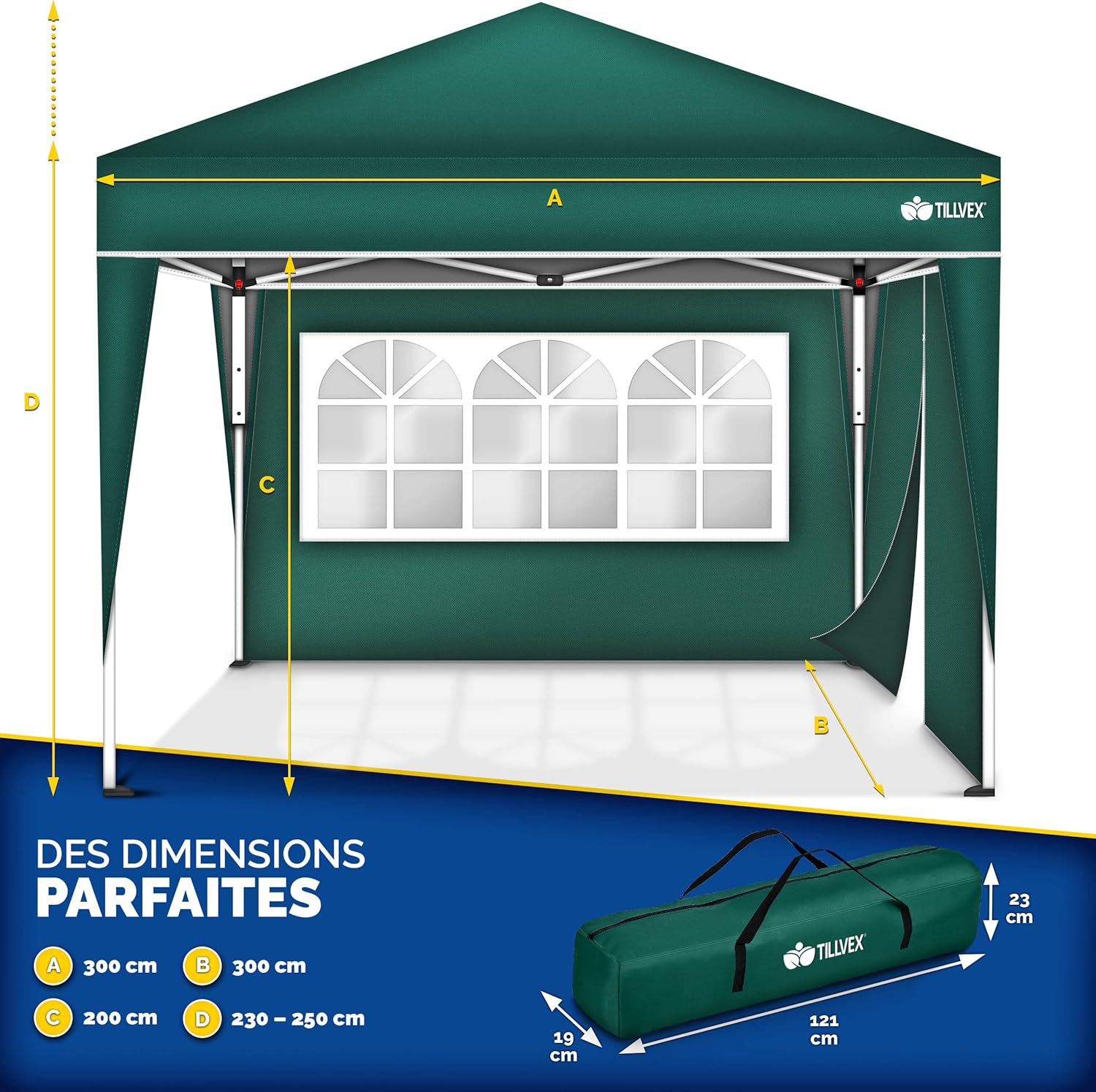 tillvex - tonnelle pliante, 3x3m, 2 côtés, UV50+, sac de transport