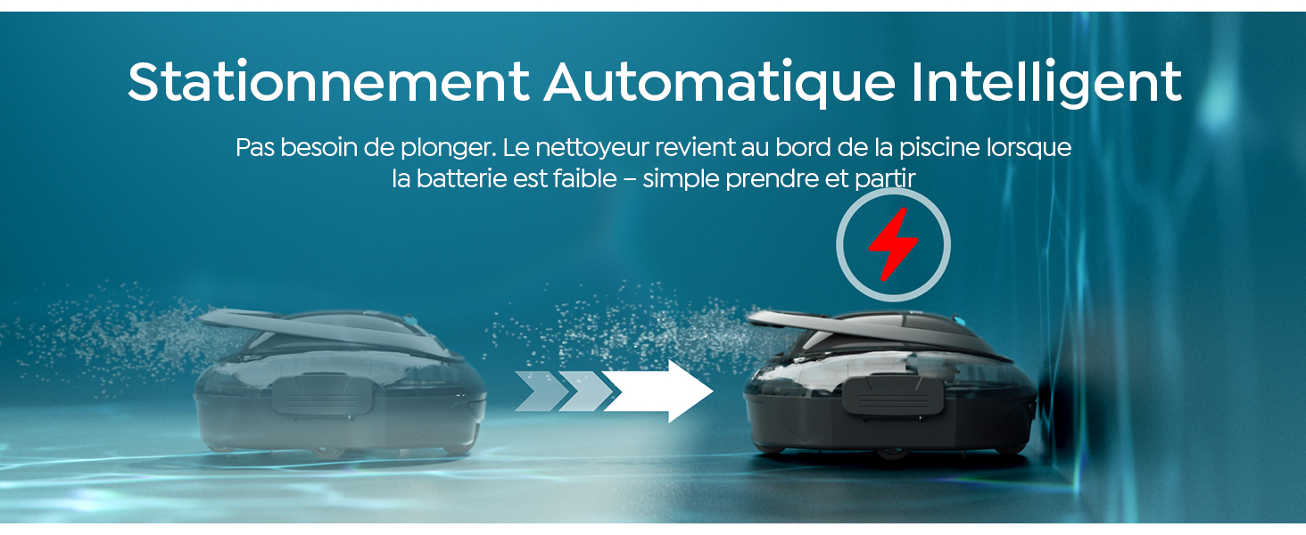 Le texte indique « Stationnement automatique intelligent ». Bannière illustrant la technologie de stationnement avec fond teinté bleu et flèches directionnelles blanches.