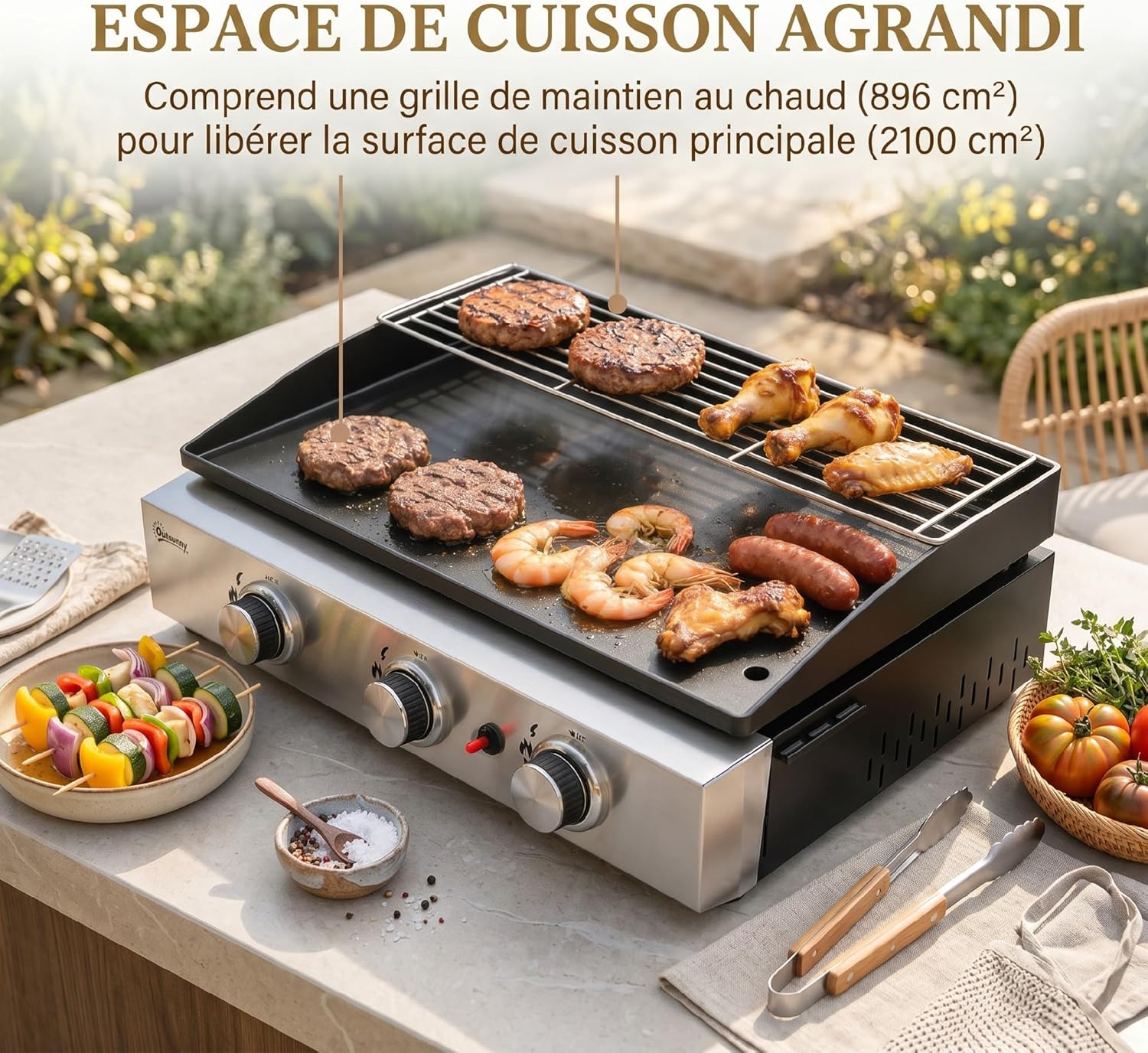 Outsunny - Plancha gaz série 3 brûleurs - 60x40 cm - plaque émaillée, grille maintien chaleur, acier inoxydable