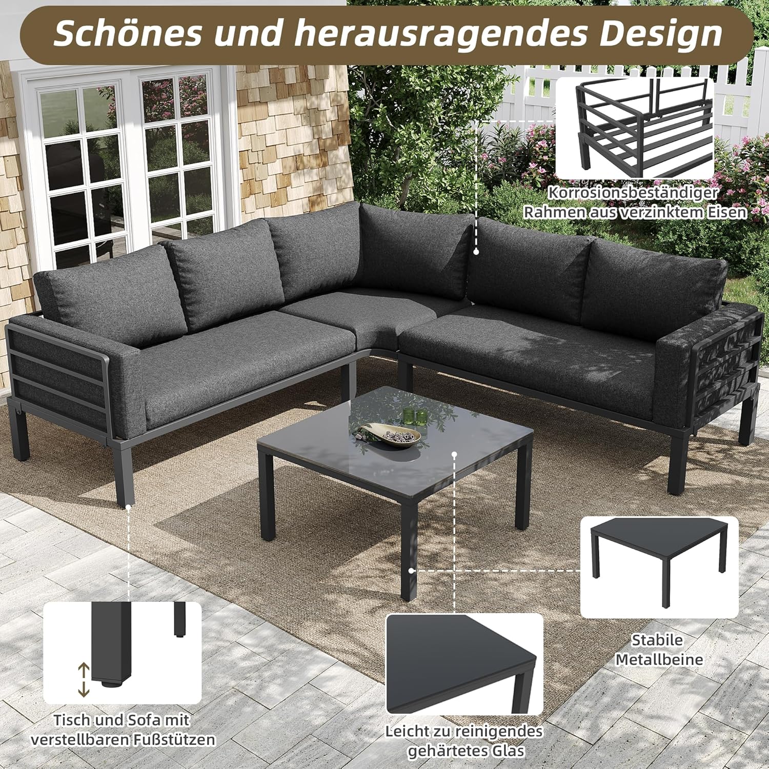 Sapgaks - Salon de jardin D-Gris - 4-5 pers - Fer, verre trempé, coussins, pieds réglables