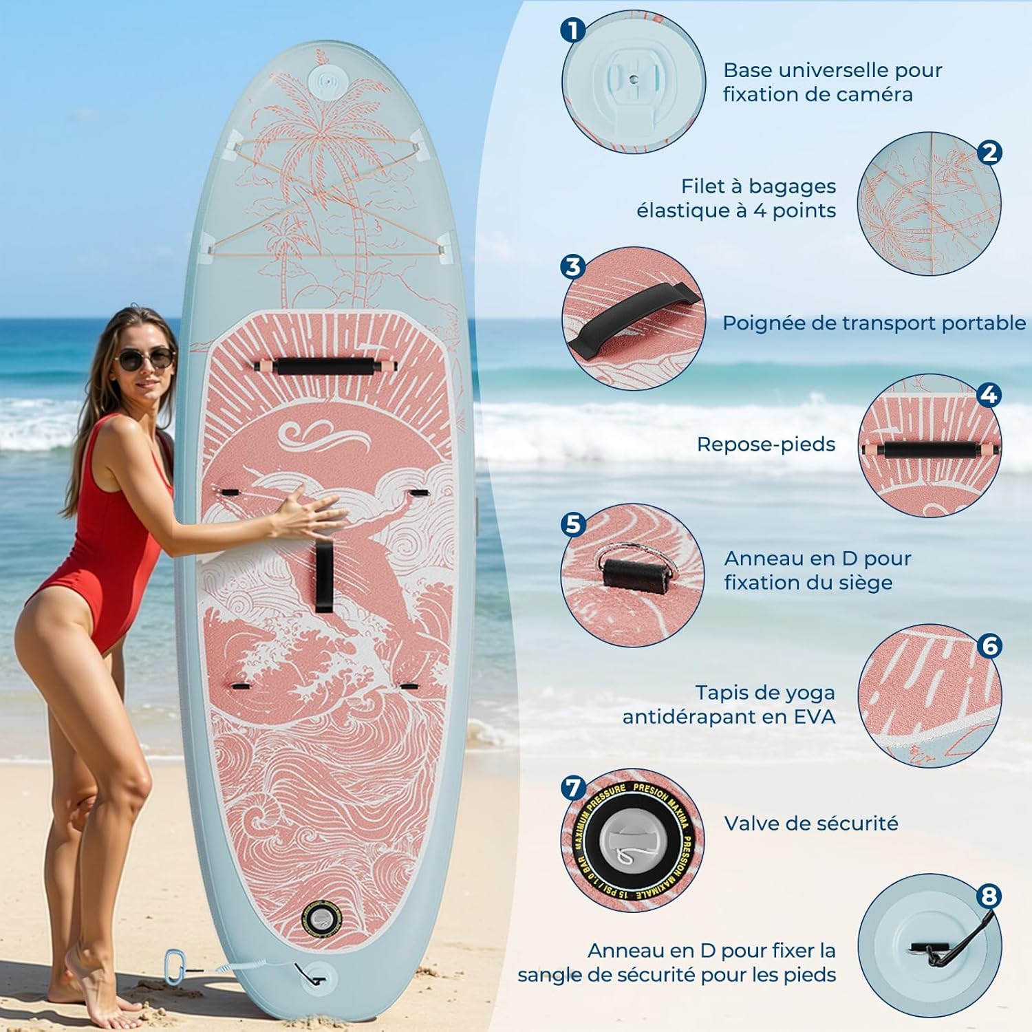 Devoko - Planche de paddle 320cm - 2-en-1, siège, 130kg, surf, pêche, yoga