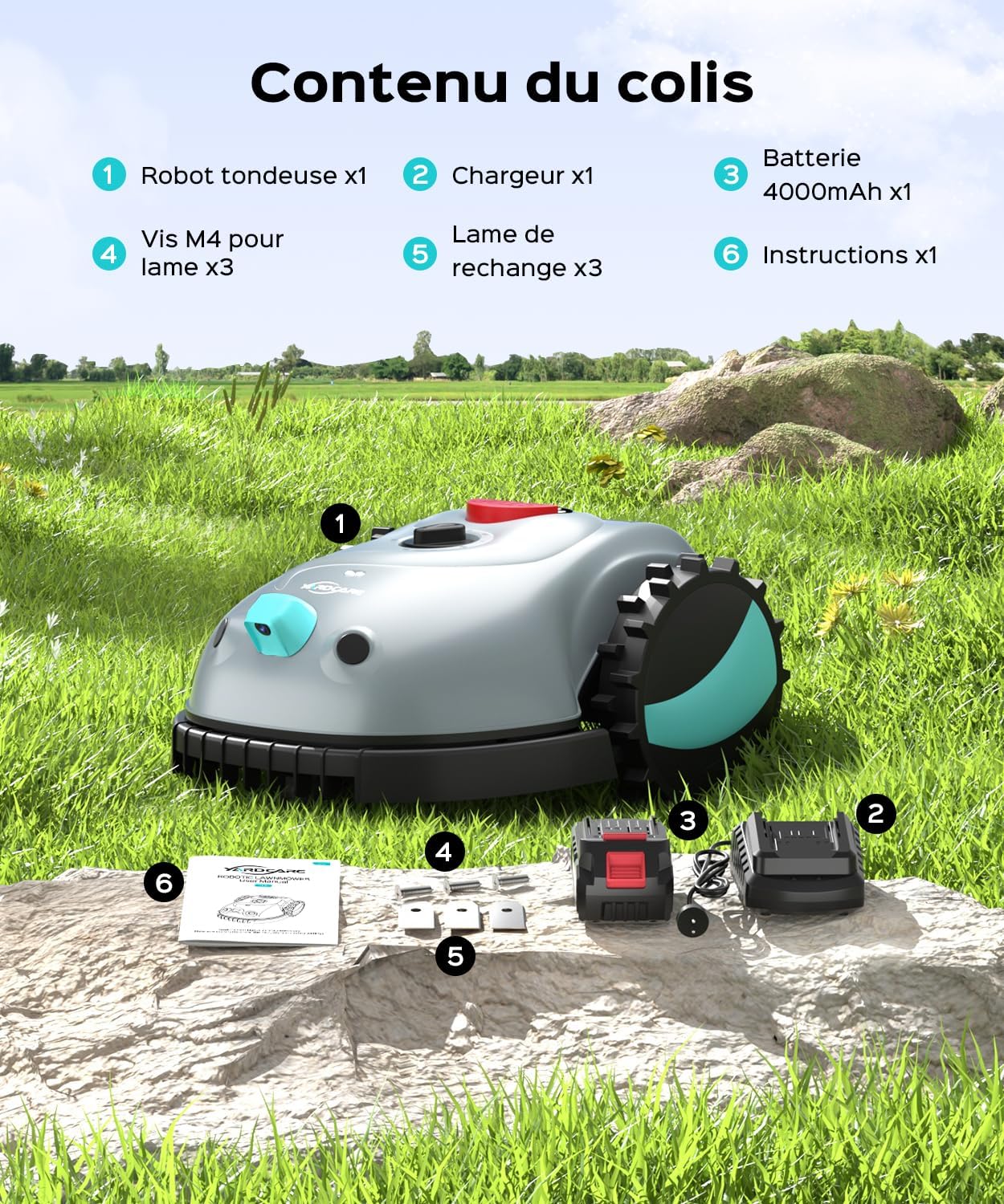YARDCARE - robot tondeuse série V100 - coupe spirale, navigation visuelle, batterie 4Ah, détection obstacles - V100