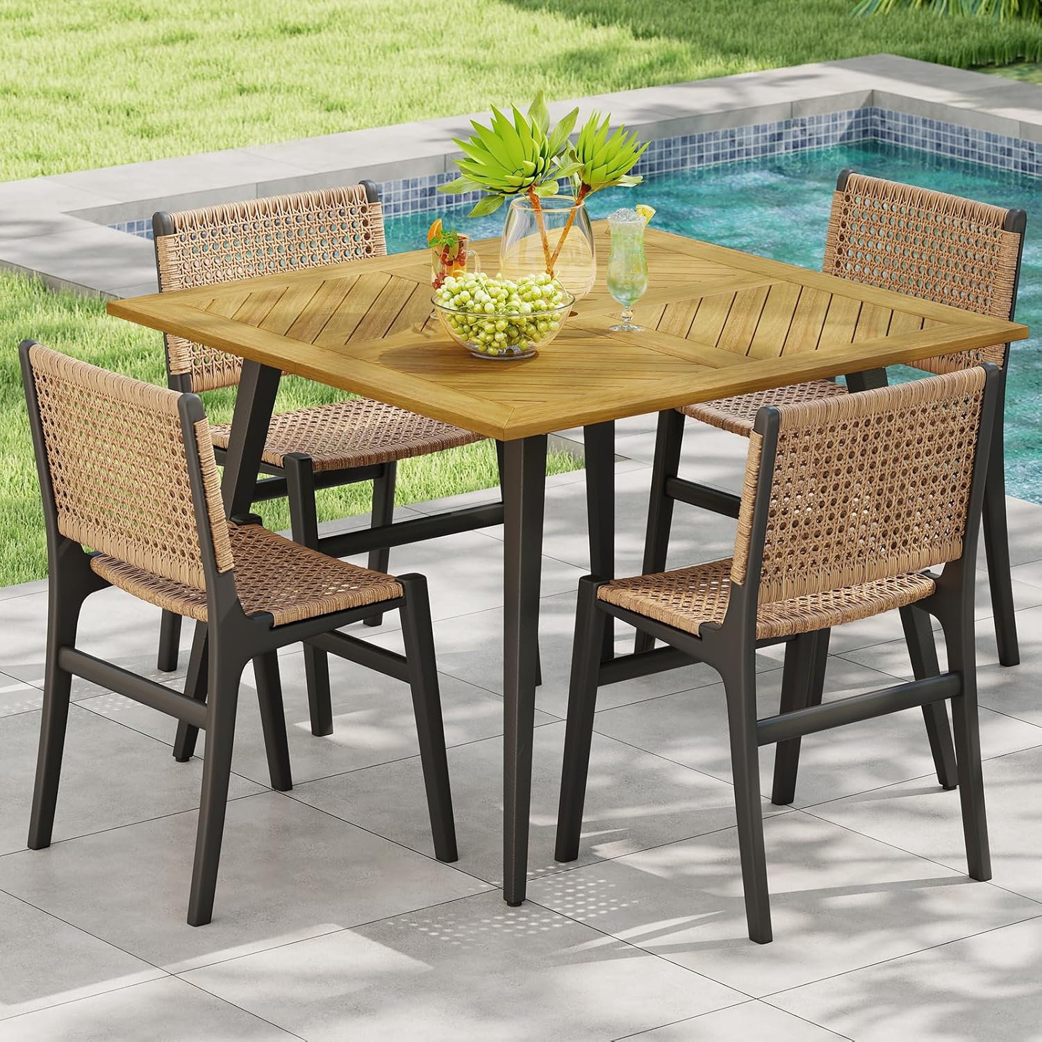 GOPLUS - table de jardin 107x75cm - bois d'acacia, métal, 75kg, trou parasol