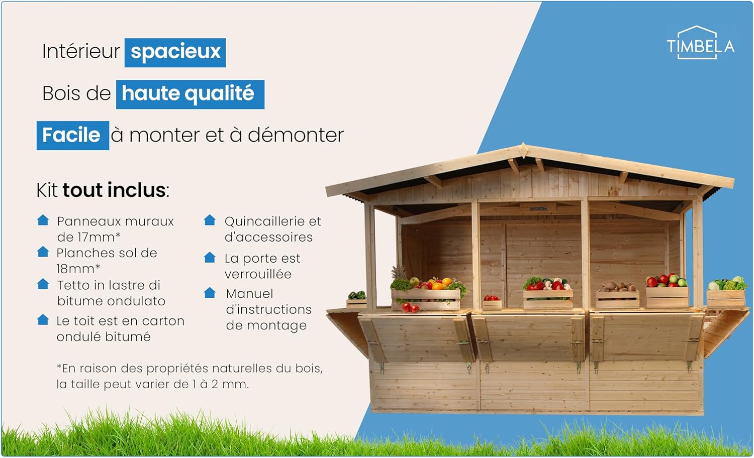 TIMBELA Abri de Jardin en Bois M150B – Kiosque Bois - Stand Marché avec 5 Fenêtres, L336xP263xH232 cm / 6 m², Facile à Monter et à Démonter, Bar Jardin