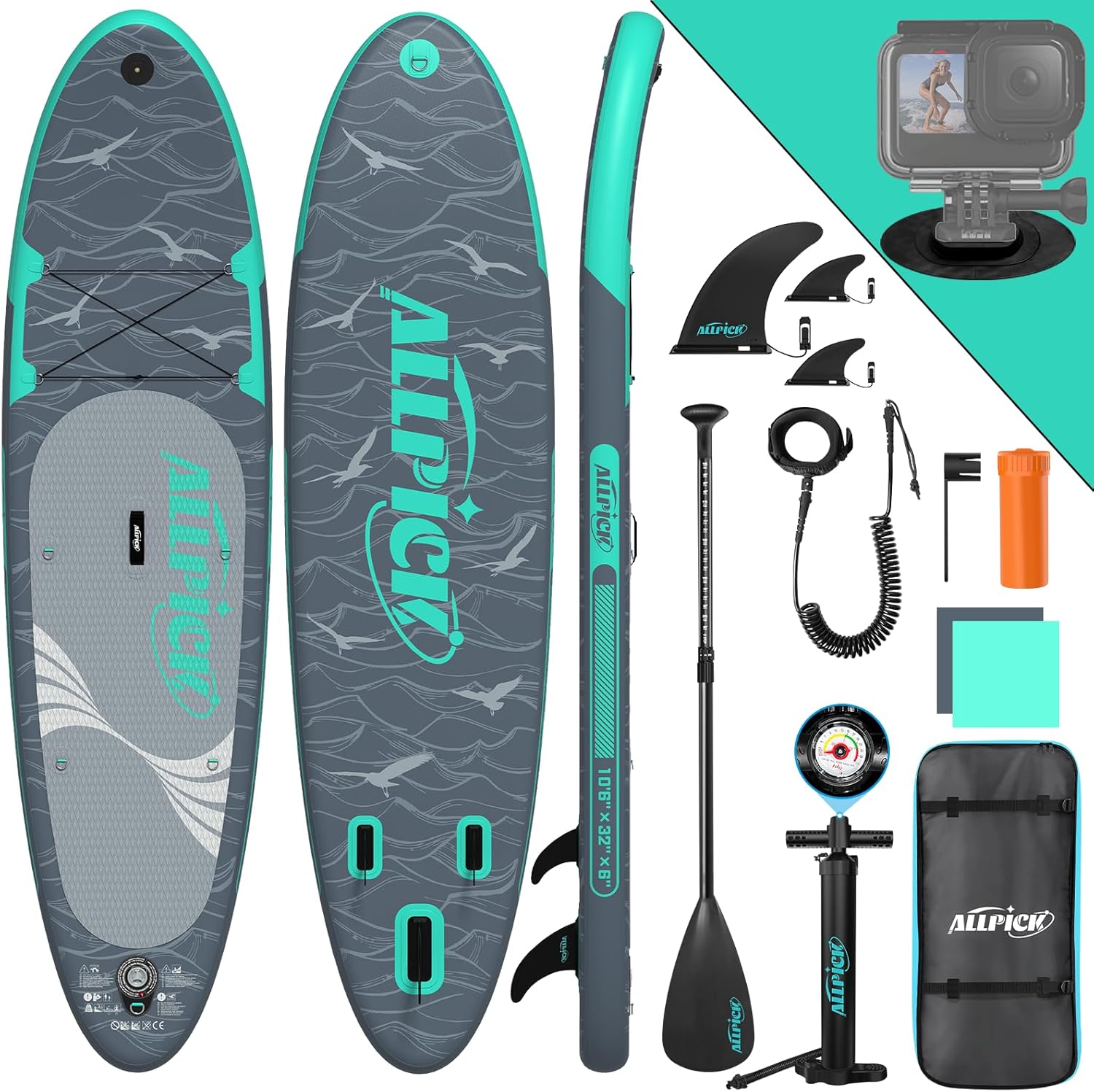 ALLPICK - Paddle gonflable 320cm - support caméra, 200kg, débutant SUP320