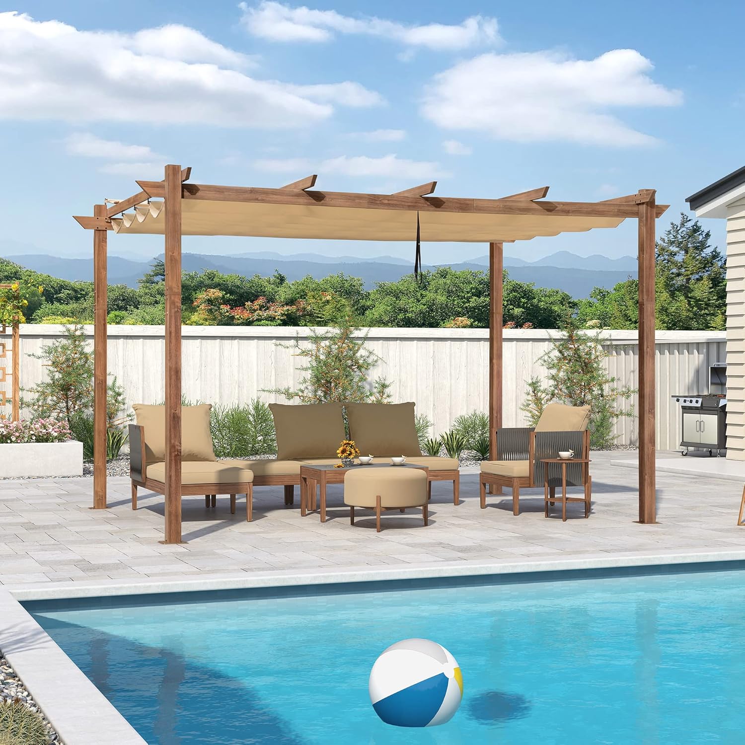 PURPLE LEAF - pergola aluminium 4x3m teck, toile rétractable, kaki