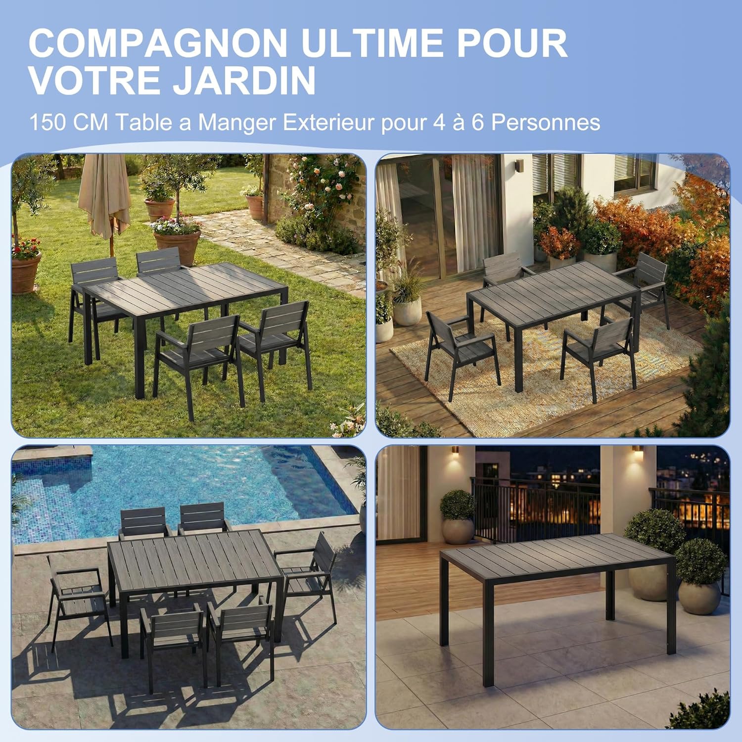 Devoko - HDPS - Table de jardin 150x80x72cm - aluminium, grain bois