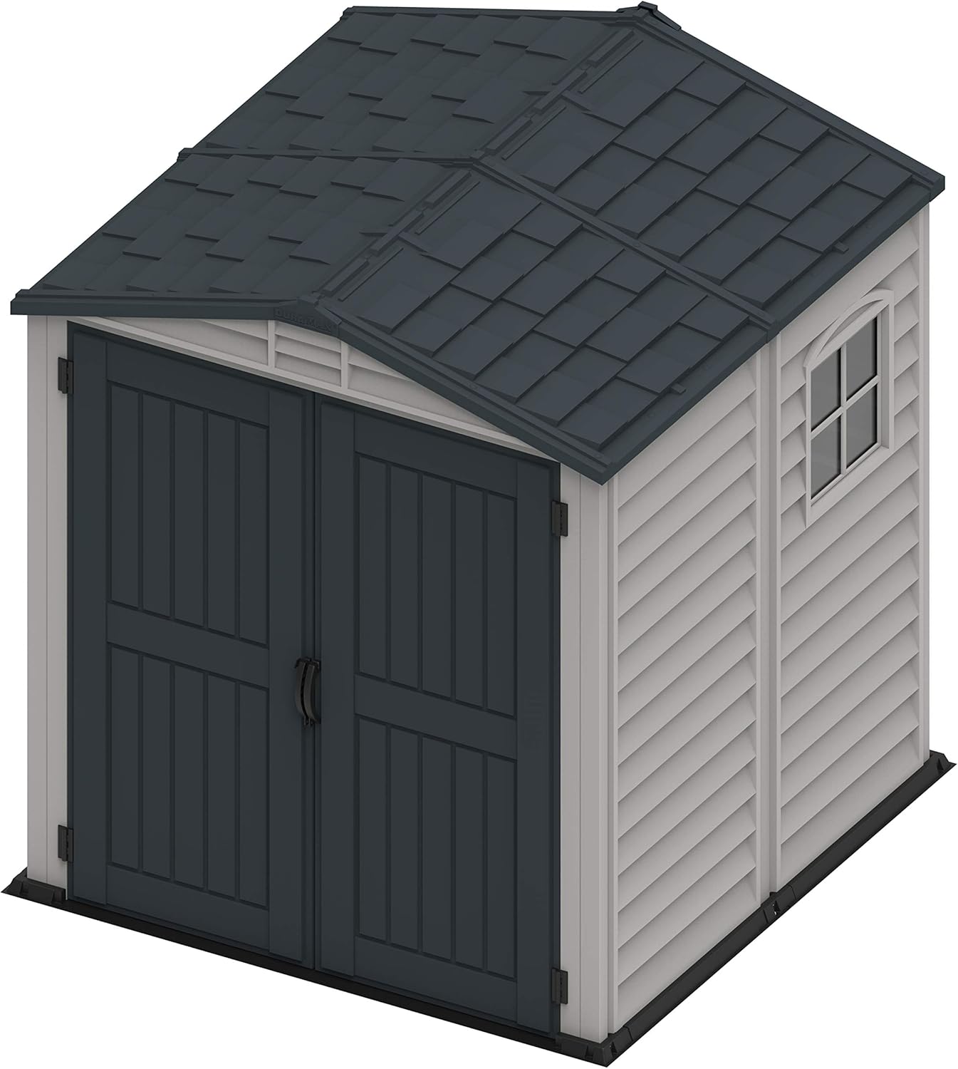 Duramax StoreMate PLUS 6 x 6 (3.65 m²) Abri de jardin en plastique avec plancher en plastique robuste et 1 fenêtre fixe, structure de toit en métal robuste, sans entretien, Gris foncé/ Adobe