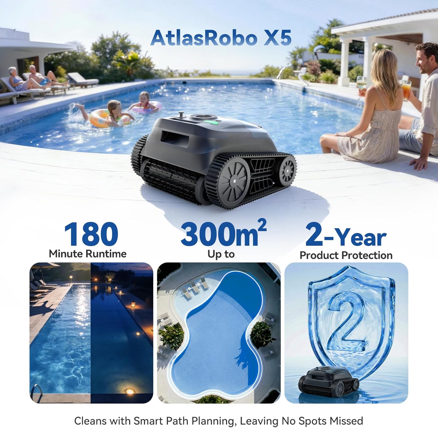 (Upgrade 2026) Pondee X5 Robot de Piscine sans Fil Fond et Parois, Aspirateur 21 m³/h Saugkraft, Navigation Intelligente, 3 Moteurs Brushless, Autonomie 180 Min, Ligne d'eau, Bassins jusqu'à 300m²