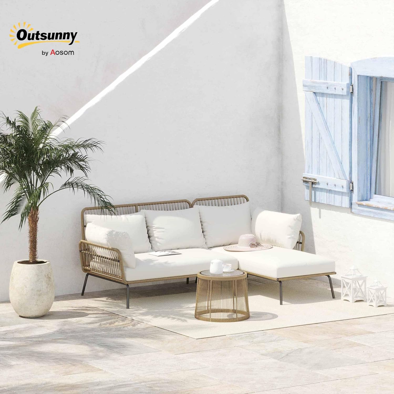 Outsunny - salon de jardin d'angle 4 places résine tressée - table basse, coussins confort, crème