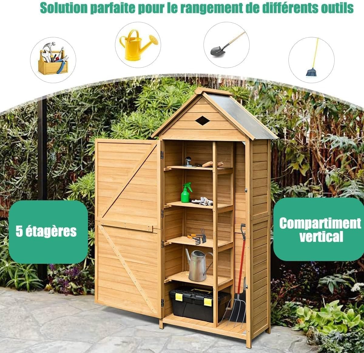 RELAX4LIFE - abri jardin bois - 80x45x177 cm - 5 étagères, porte verrouillable, toit galvanisé