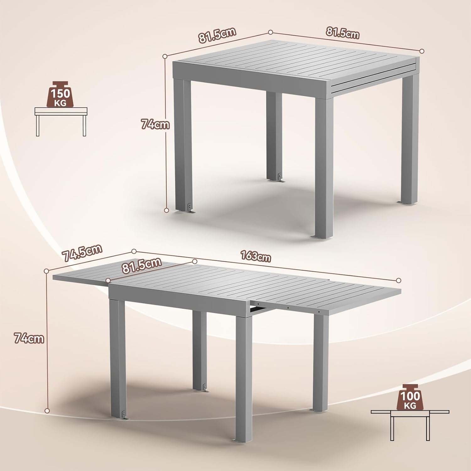 JUMMICO - Table extensible 163x80 cm - aluminium antirouille, 6-10 pers, résistante intempéries