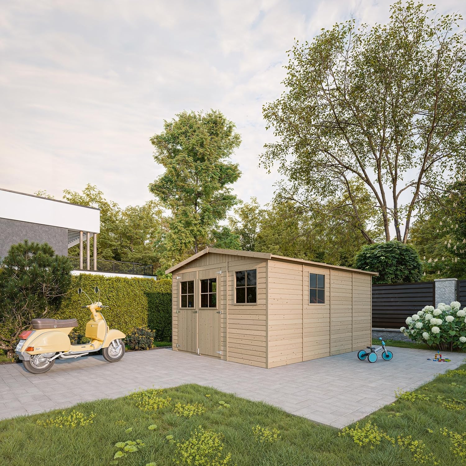 ABRI de Jardin en Bois Exterieur avec Les PLANCHERS IMPRÉGNÉ - en Pin/épicéa- H226x324x416 cm/12 m²- Construction de Panneaux- Rangement pour vélos, Remise à Outils- TIMBELA M336+M336G