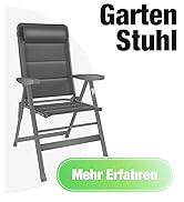 Le texte indique « Garten Stuhl » et « Mehr Erfahren ». Chaise pliante d'extérieur réglable grise avec sections rembourrées et accoudoirs sur fond blanc.