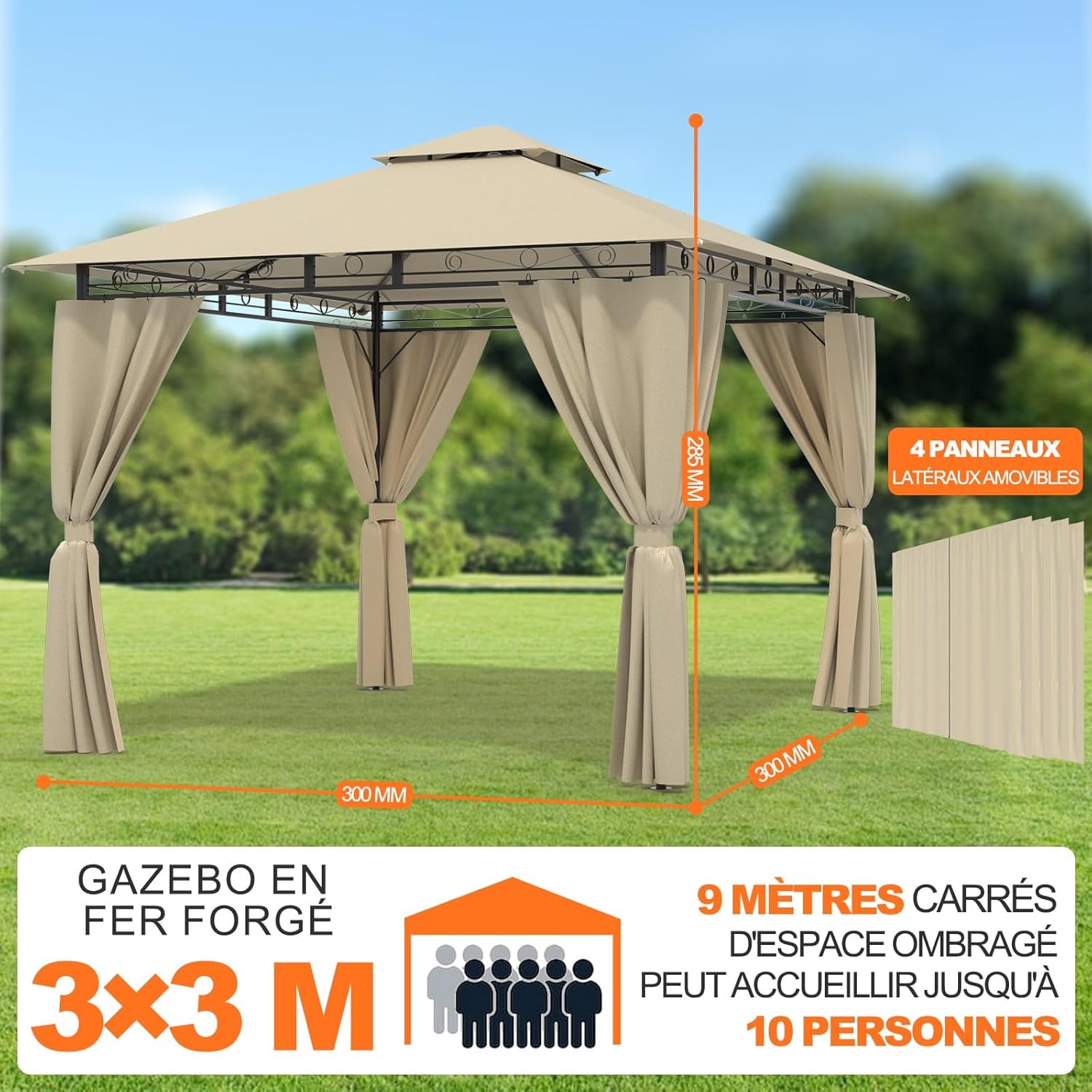 Devoko - Tonnelle Deluxe - 3x3m - imperméable, cadre métal, 4-6 pers.
