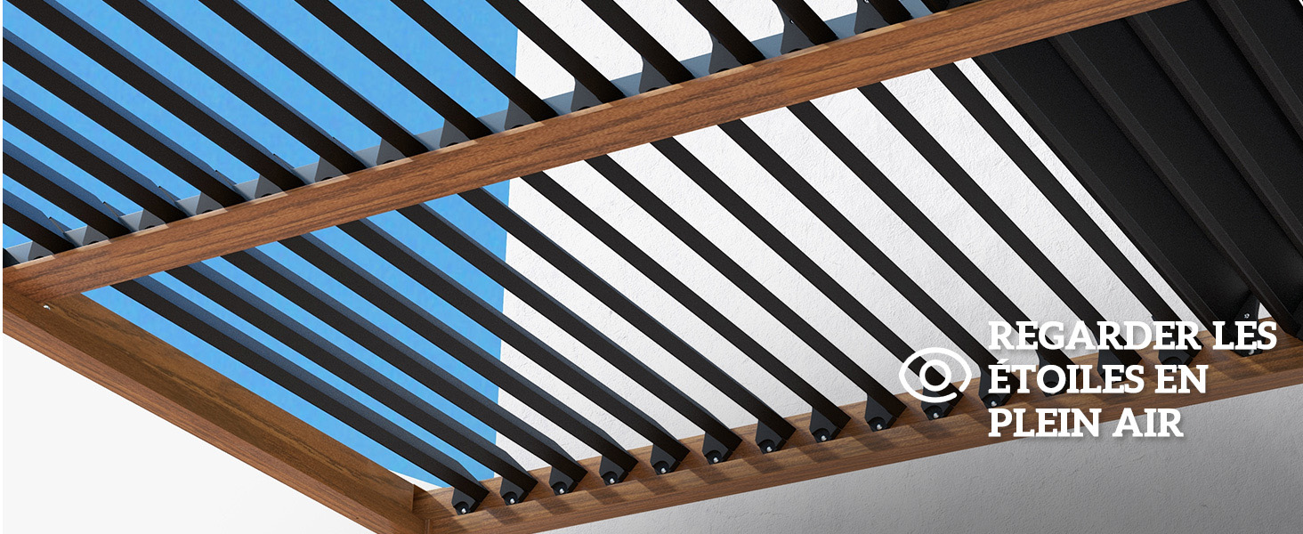 Pergola extérieure ajustable avec cadre en bois et lattes mobiles en bleu, blanc et noir. Le texte en français mentionne l'observation des étoiles