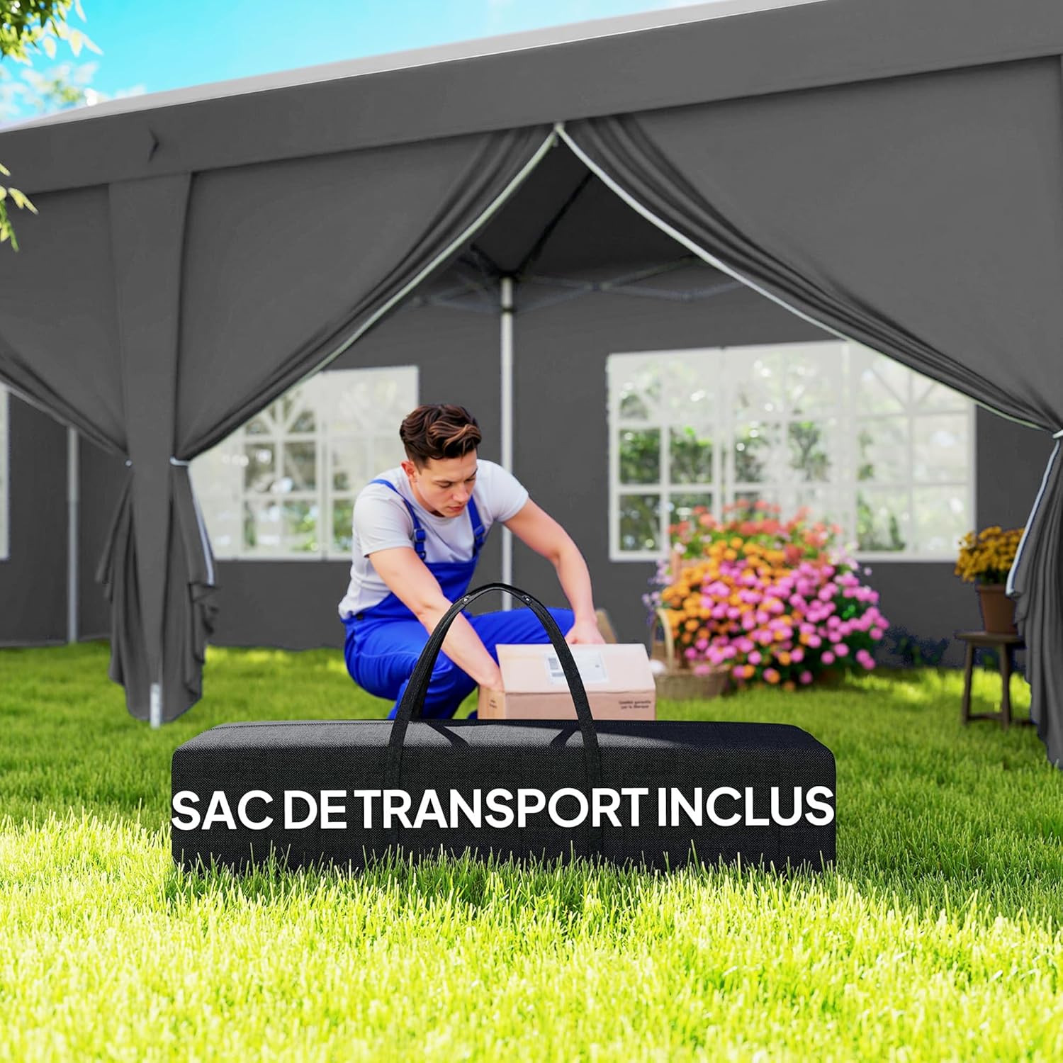 Outsunny - Tonnelle pliable 3x6m acier renforcé, côtés amovibles, gris