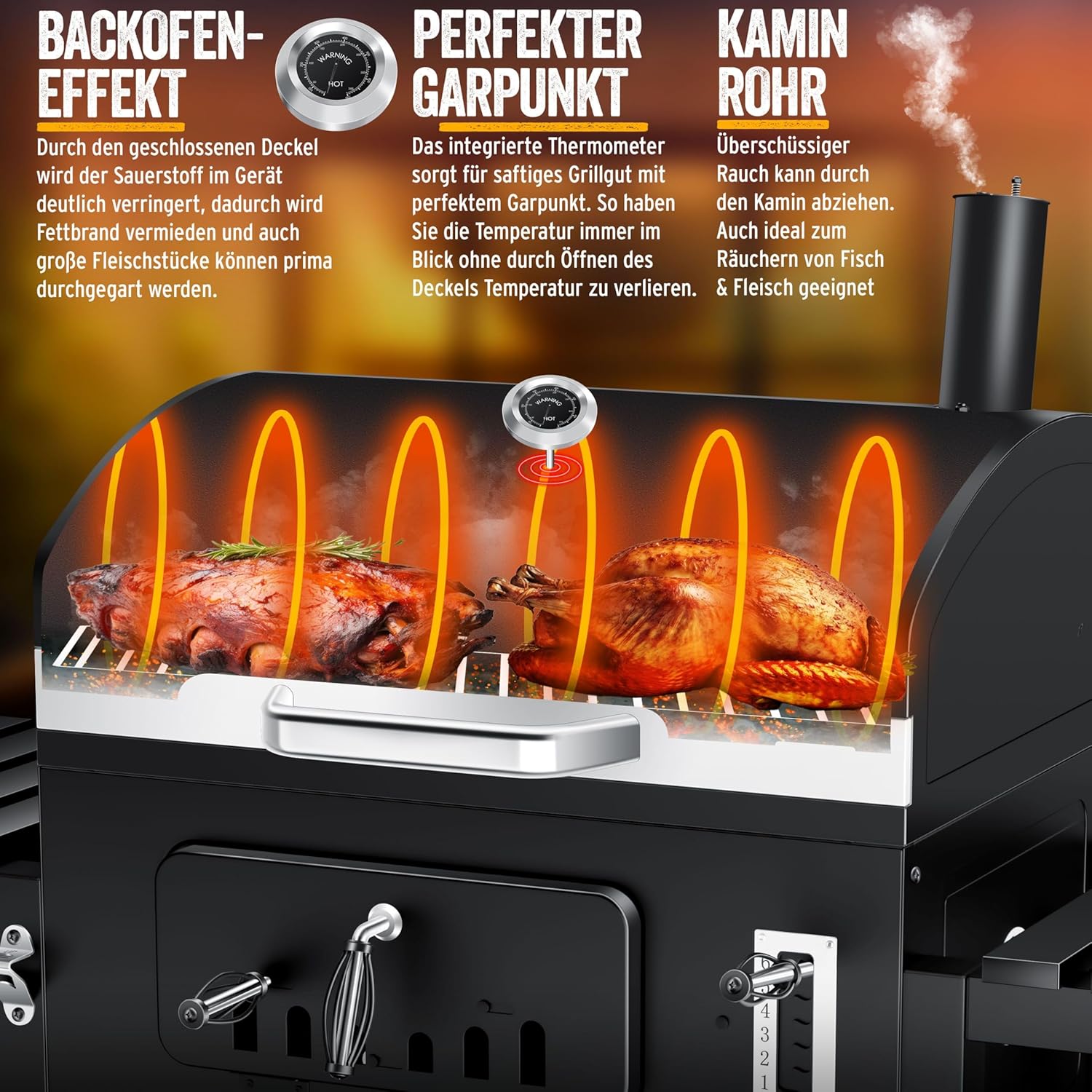 KESSER - Chariot à Barbecue XXL - grill charbon, couvercle, roues, inox, thermomètre